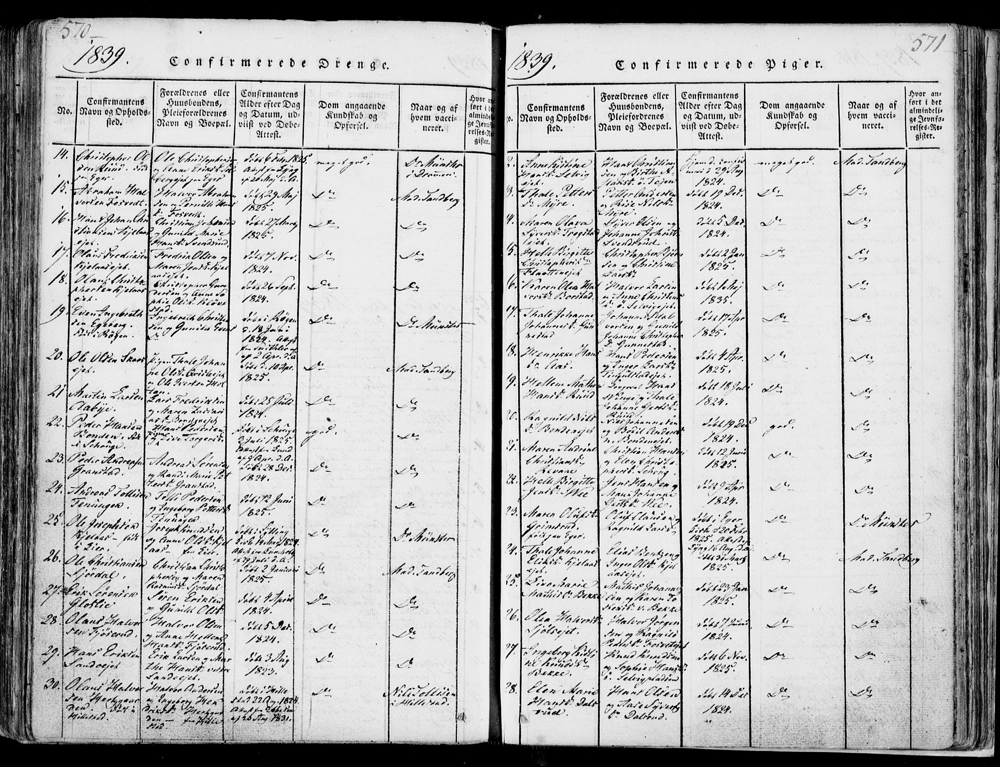 Sande Kirkebøker, AV/SAKO-A-53/F/Fa/L0003: Ministerialbok nr. 3, 1814-1847, s. 570-571