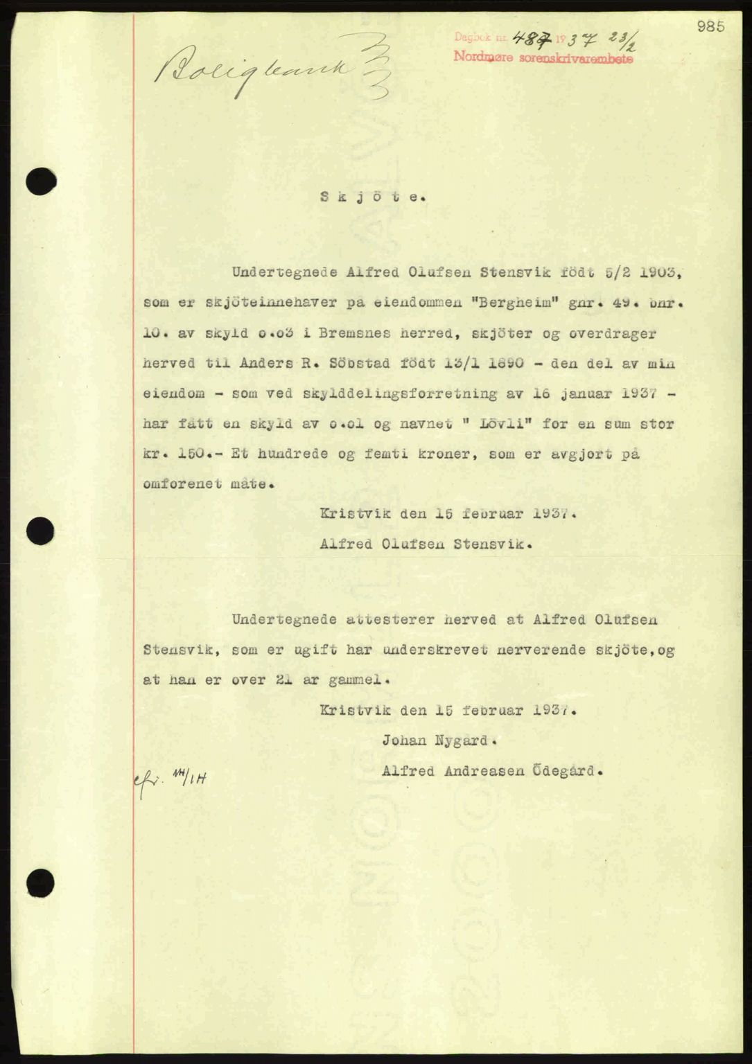 Nordmøre sorenskriveri, SAT/A-4132/1/2/2Ca: Pantebok nr. A80, 1936-1937, Dagboknr: 487/1937