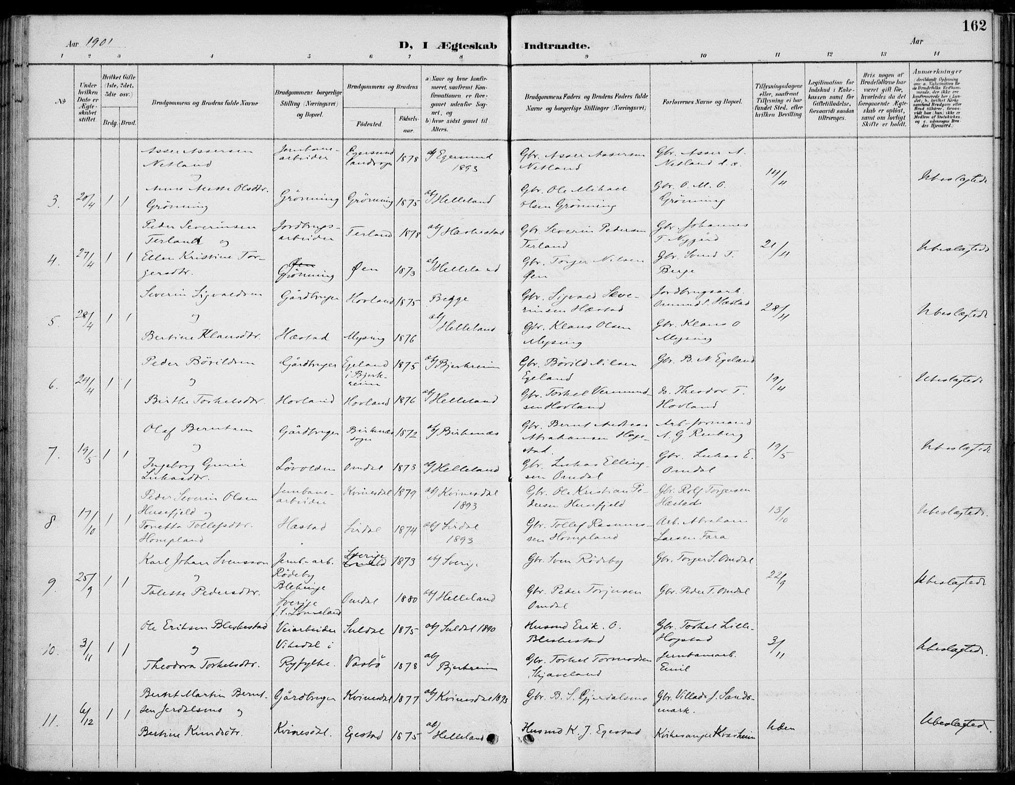 Helleland sokneprestkontor, AV/SAST-A-101810: Klokkerbok nr. B 4, 1887-1941, s. 162