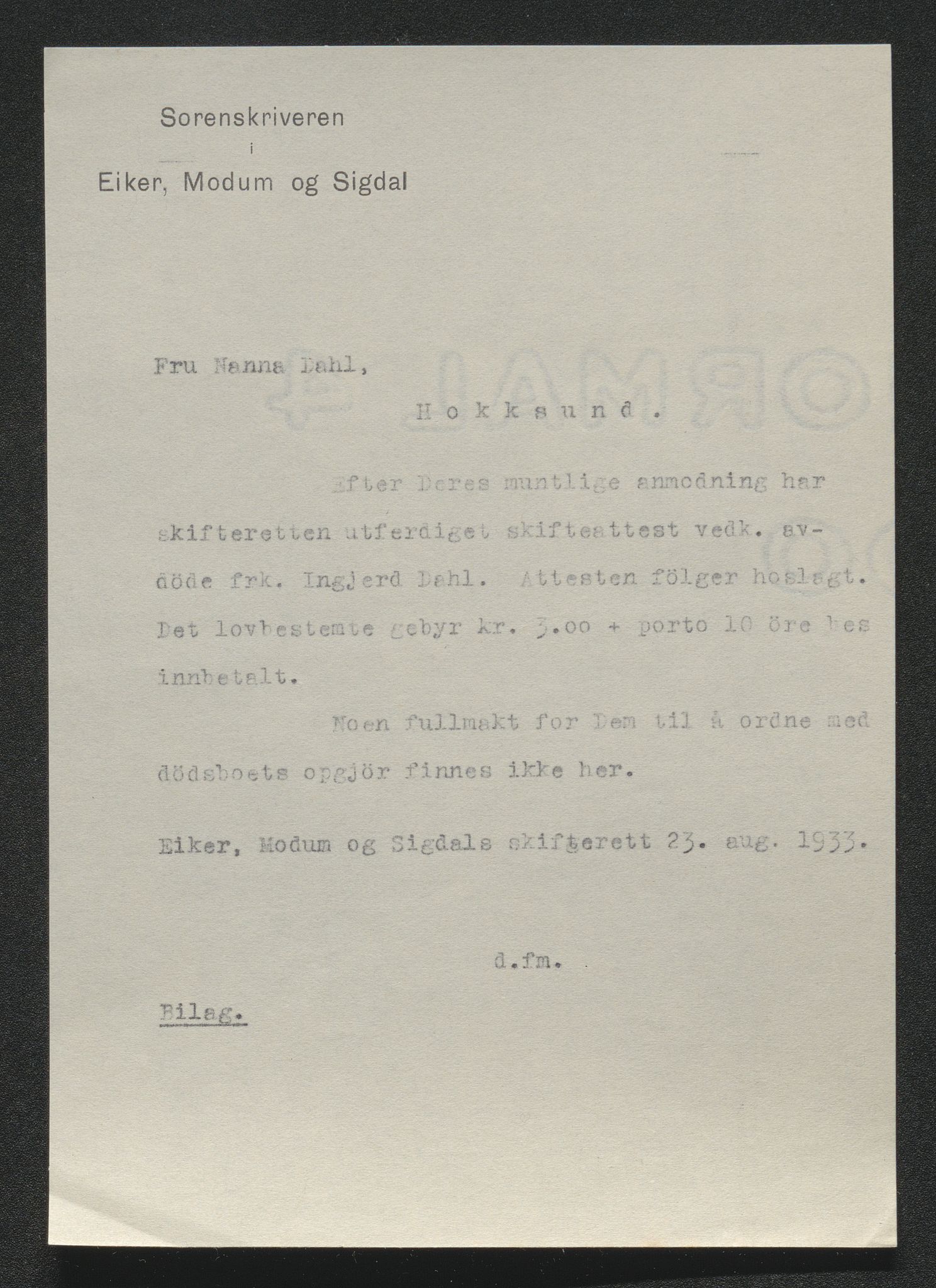 Eiker, Modum og Sigdal sorenskriveri, SAKO/A-123/H/Ha/Hab/L0048: Dødsfallsmeldinger, 1933, s. 302