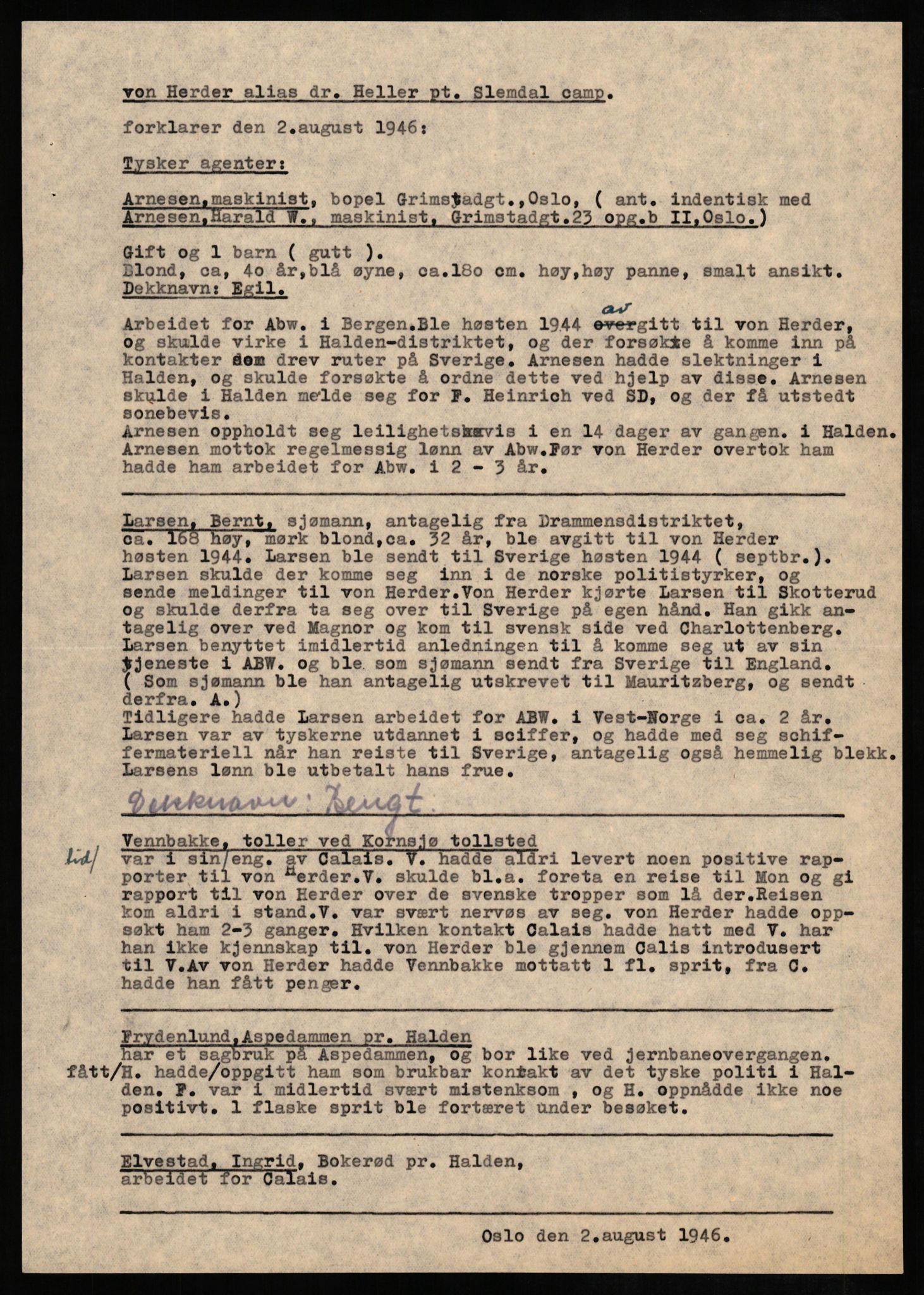 Forsvaret, Forsvarets overkommando II, AV/RA-RAFA-3915/D/Db/L0013: CI Questionaires. Tyske okkupasjonsstyrker i Norge. Tyskere., 1945-1946, s. 21