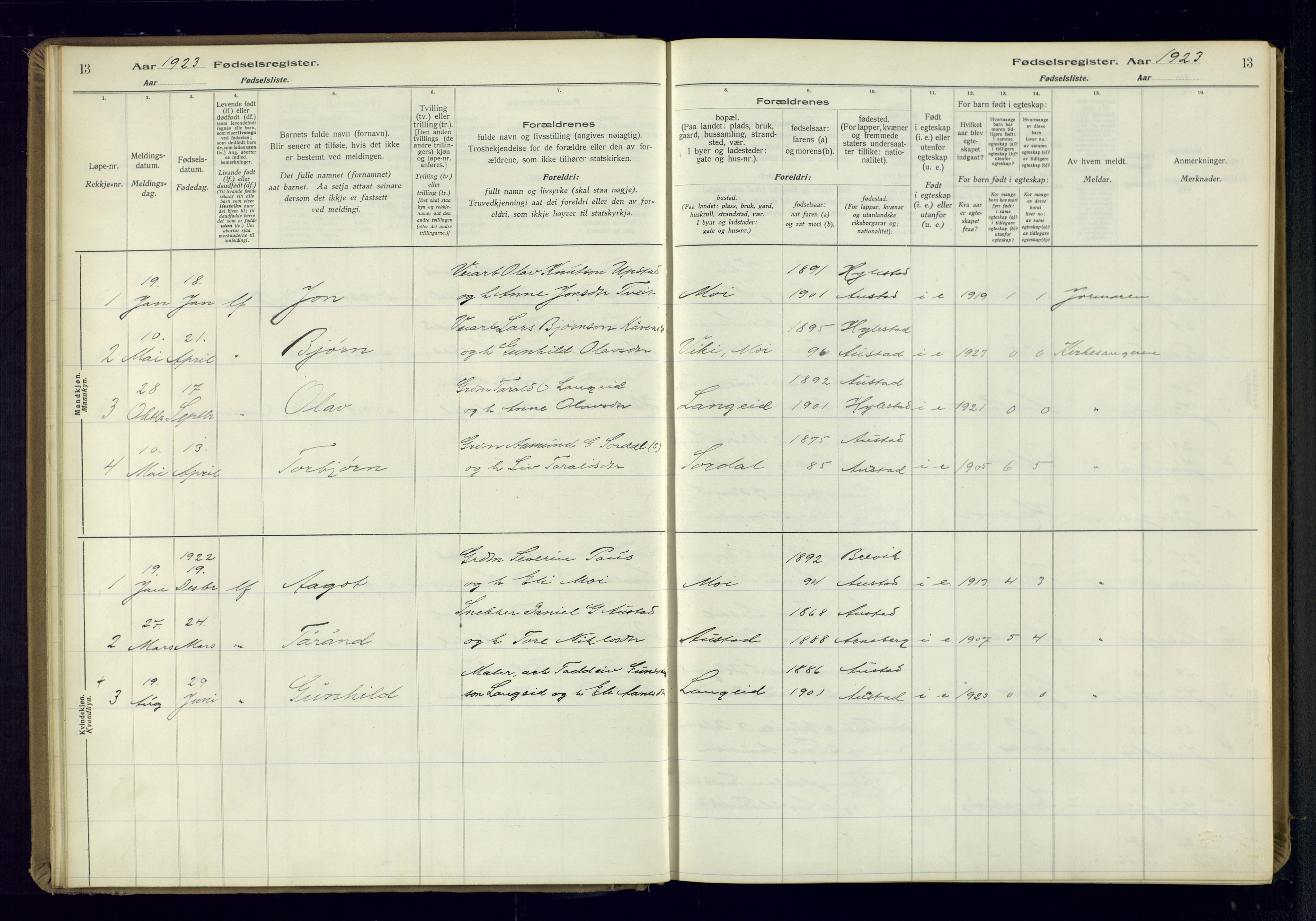 Bygland sokneprestkontor, SAK/1111-0006/J/Ja/L0002: Fødselsregister nr. II.4.3, 1916-1982, s. 13