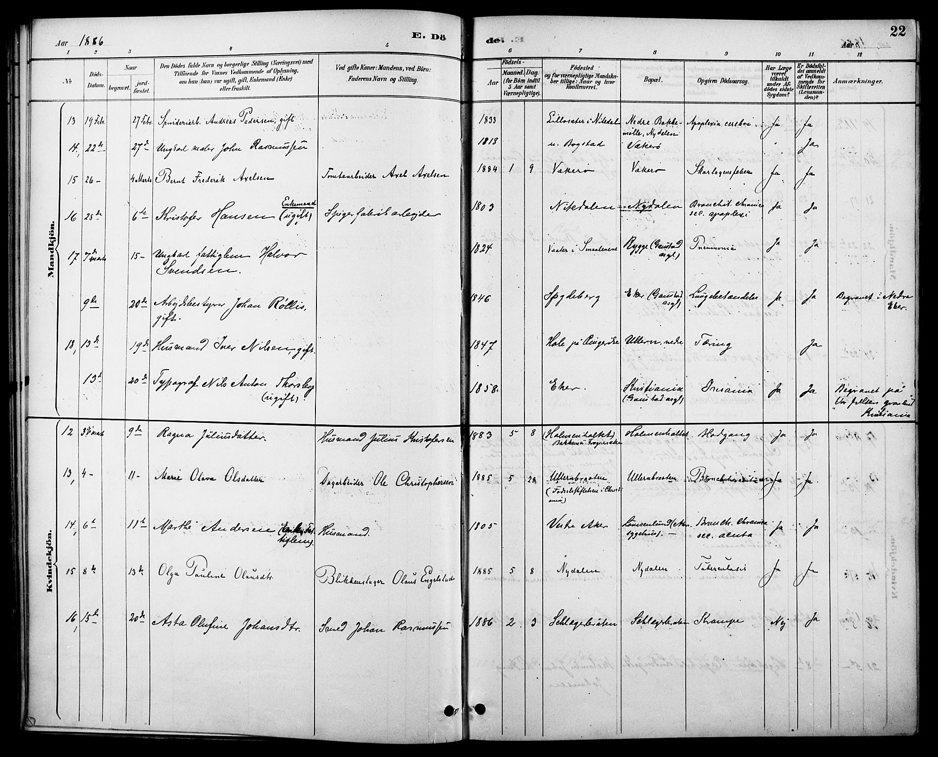 Vestre Aker prestekontor Kirkebøker, AV/SAO-A-10025/F/Fa/L0011: Ministerialbok nr. 11, 1886-1904, s. 22