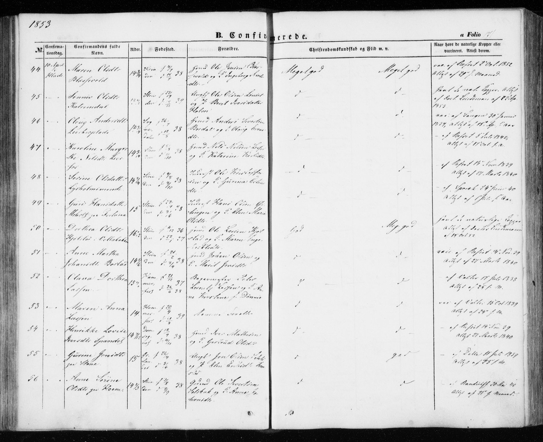 Ministerialprotokoller, klokkerbøker og fødselsregistre - Sør-Trøndelag, AV/SAT-A-1456/606/L0291: Ministerialbok nr. 606A06, 1848-1856, s. 171