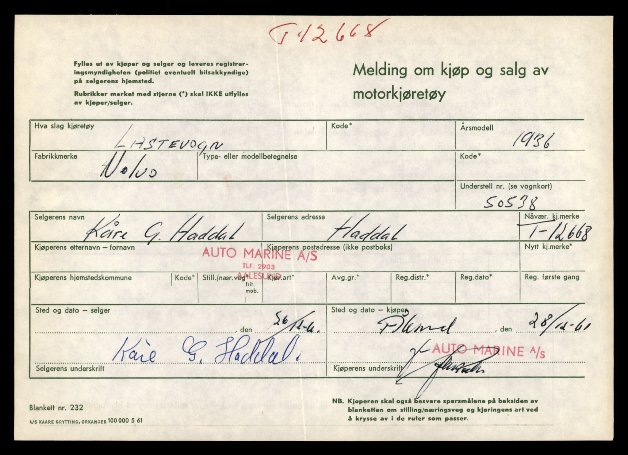 Møre og Romsdal vegkontor - Ålesund trafikkstasjon, AV/SAT-A-4099/F/Fe/L0035: Registreringskort for kjøretøy T 12653 - T 12829, 1927-1998, s. 280