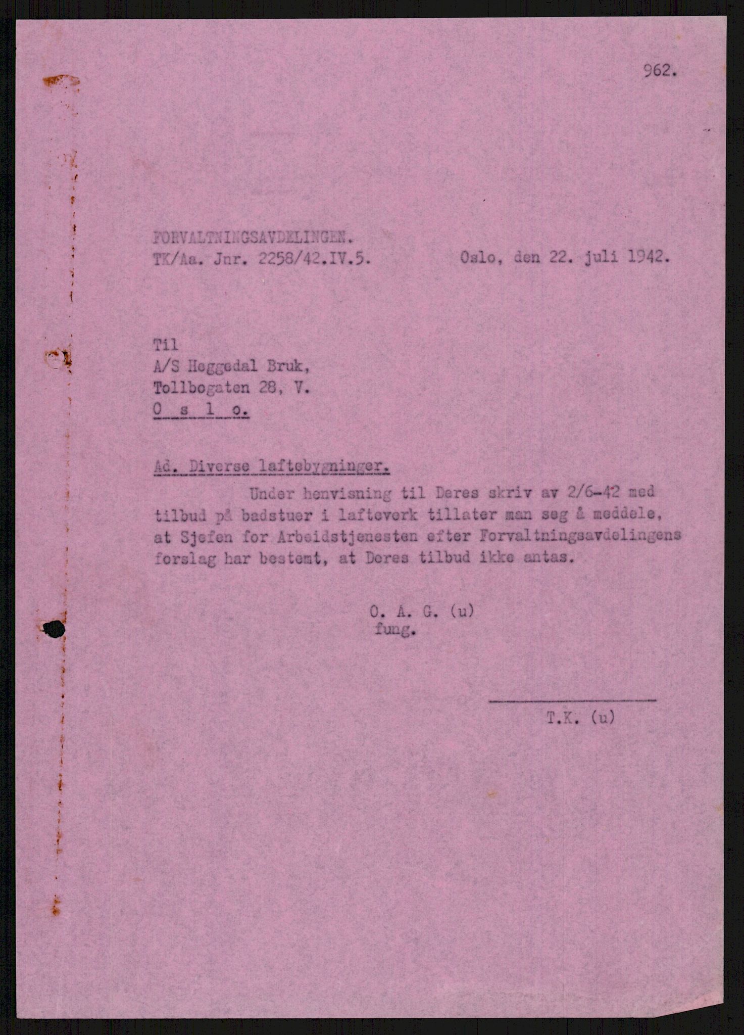 Norges arbeidstjeneste, RA/S-5014/D/Da/Dad/L0085/0005: Forvaltningsavdelingen, 5. kontor / A 40032 Badstue fra Heggedal Bruk, 1941-1942, s. 2