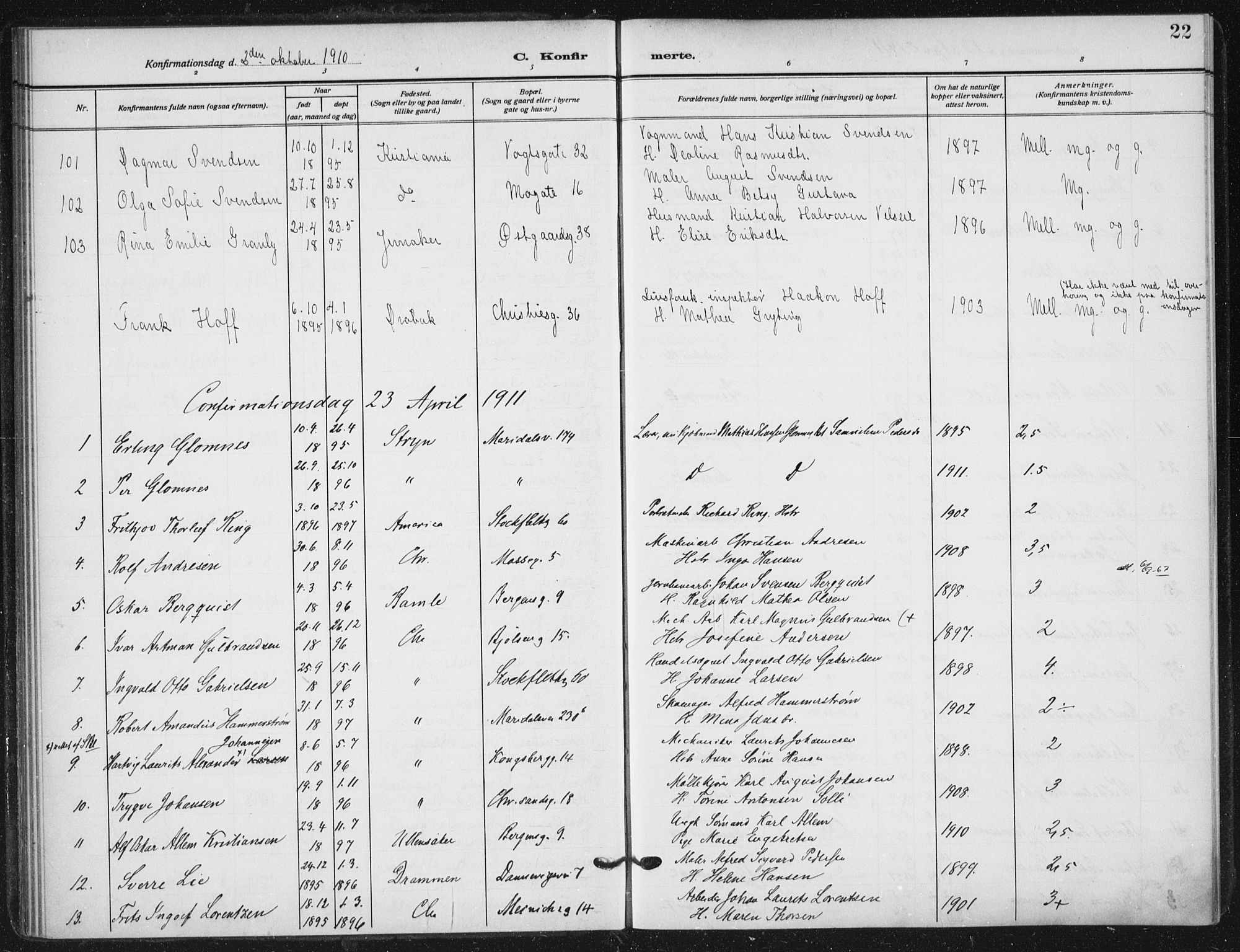 Sagene prestekontor Kirkebøker, AV/SAO-A-10796/F/L0008: Ministerialbok nr. 8, 1910-1919, s. 22