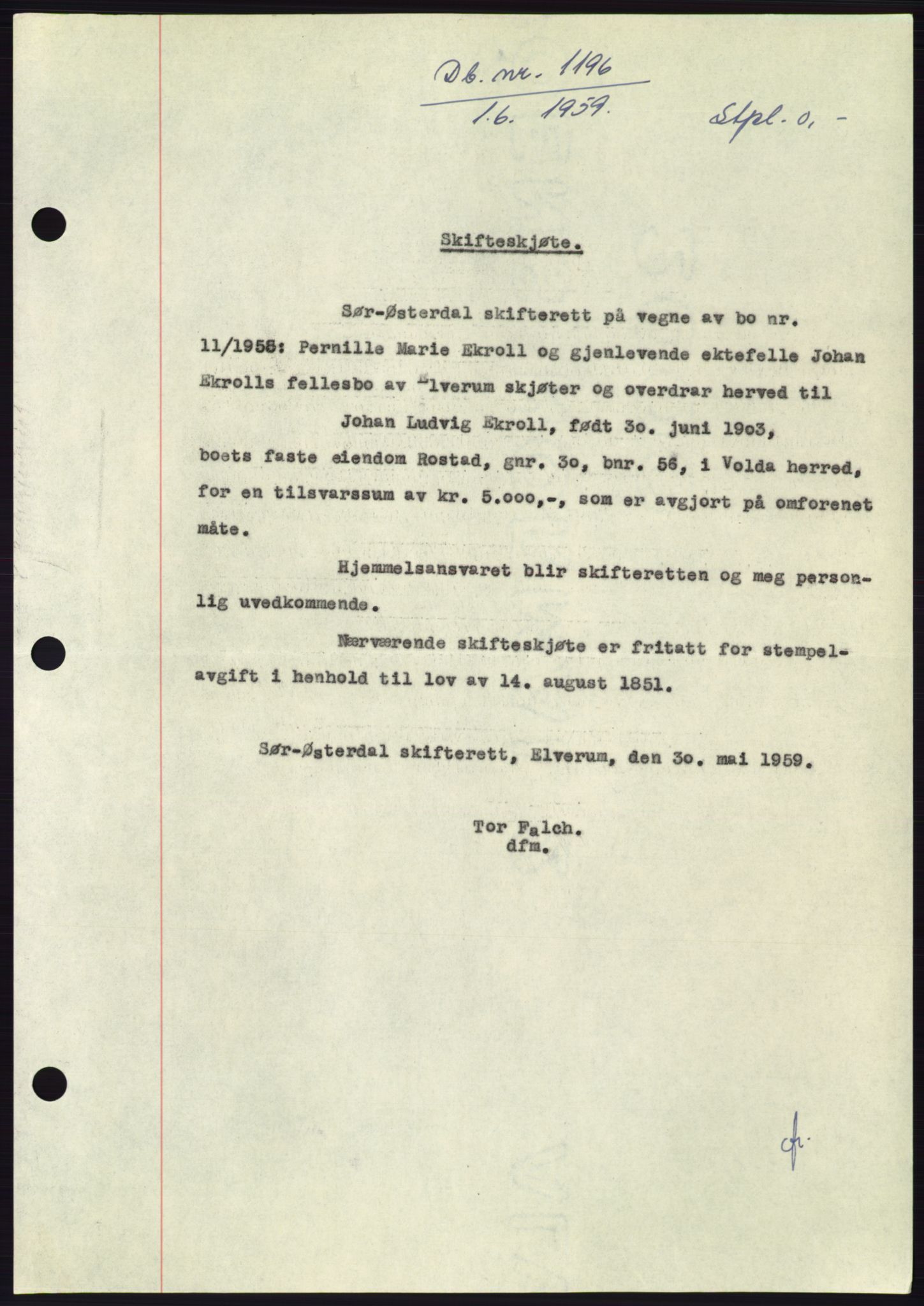 Søre Sunnmøre sorenskriveri, SAT/A-4122/1/2/2C/L0112: Pantebok nr. 38A, 1959-1959, Dagboknr: 1196/1959