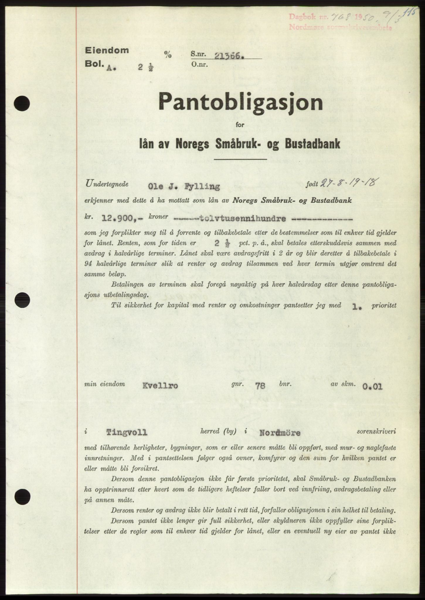 Nordmøre sorenskriveri, SAT/A-4132/1/2/2Ca: Pantebok nr. B104, 1950-1950, Dagboknr: 768/1950