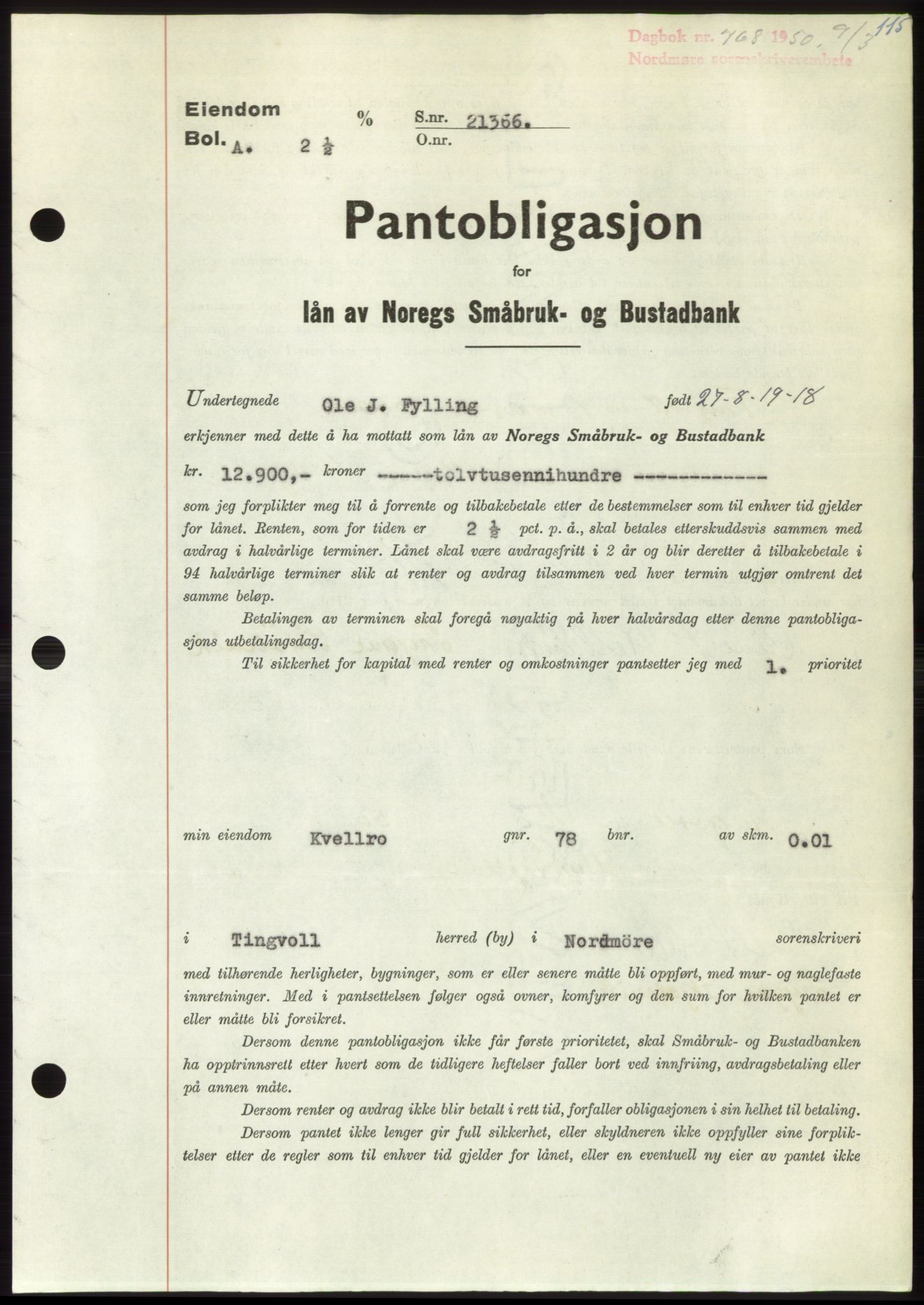 Nordmøre sorenskriveri, AV/SAT-A-4132/1/2/2Ca: Pantebok nr. B104, 1950-1950, Dagboknr: 768/1950