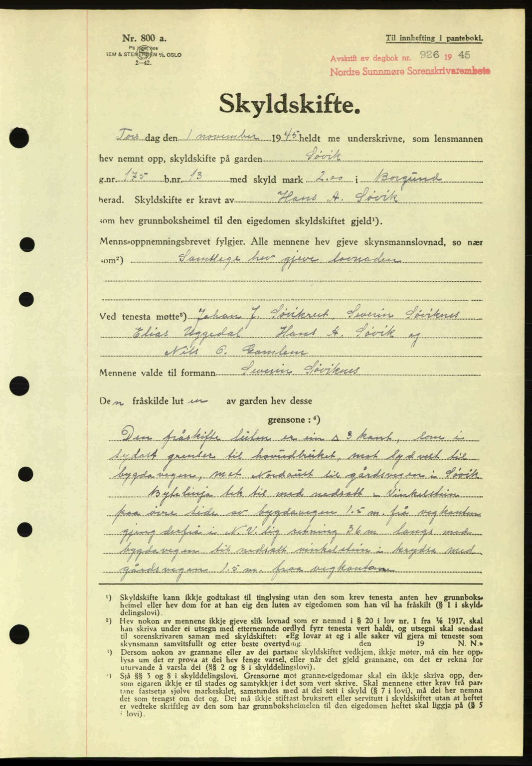 Nordre Sunnmøre sorenskriveri, AV/SAT-A-0006/1/2/2C/2Ca: Pantebok nr. A20a, 1945-1945, Dagboknr: 926/1945