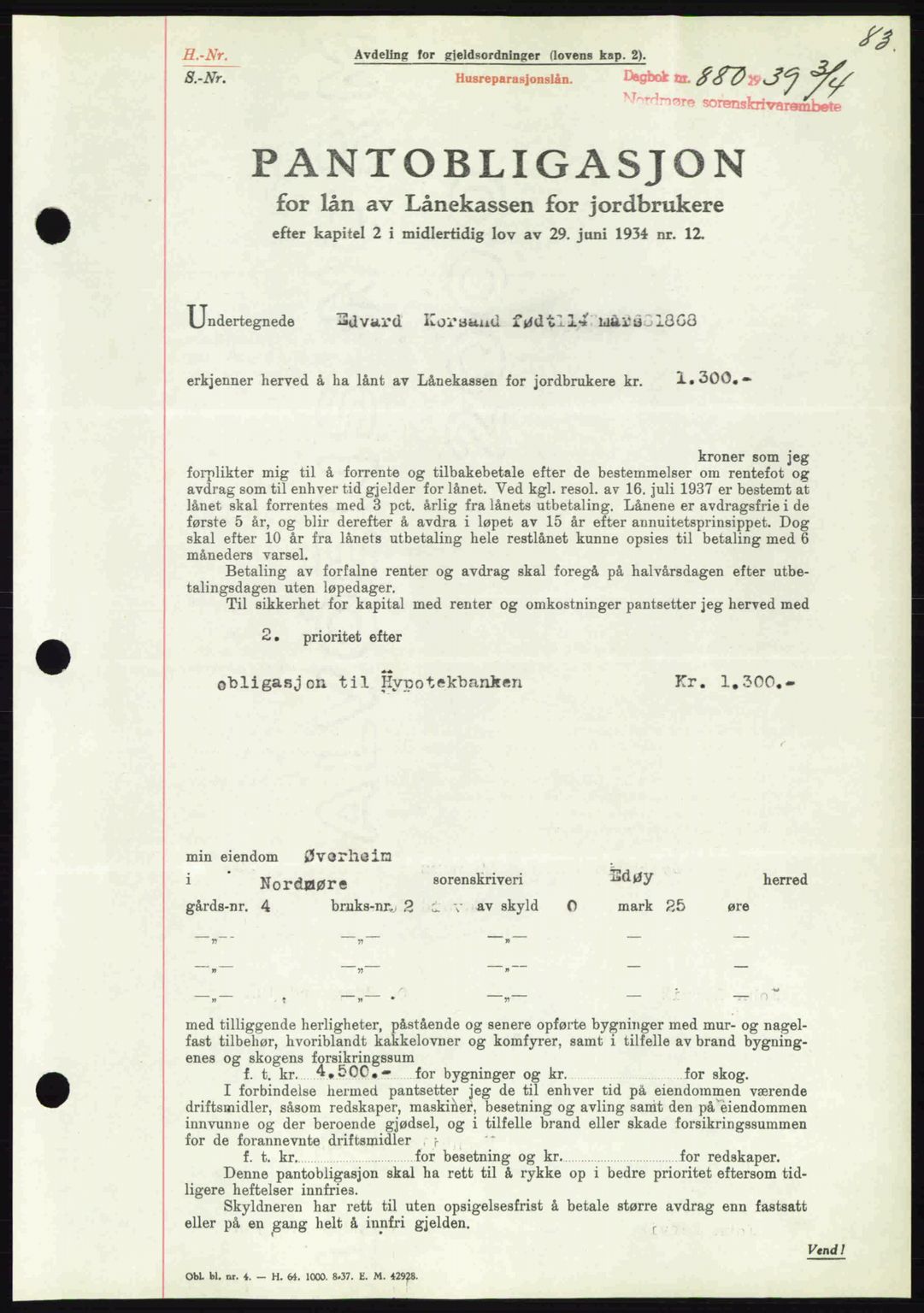 Nordmøre sorenskriveri, SAT/A-4132/1/2/2Ca: Pantebok nr. B85, 1939-1939, Dagboknr: 880/1939