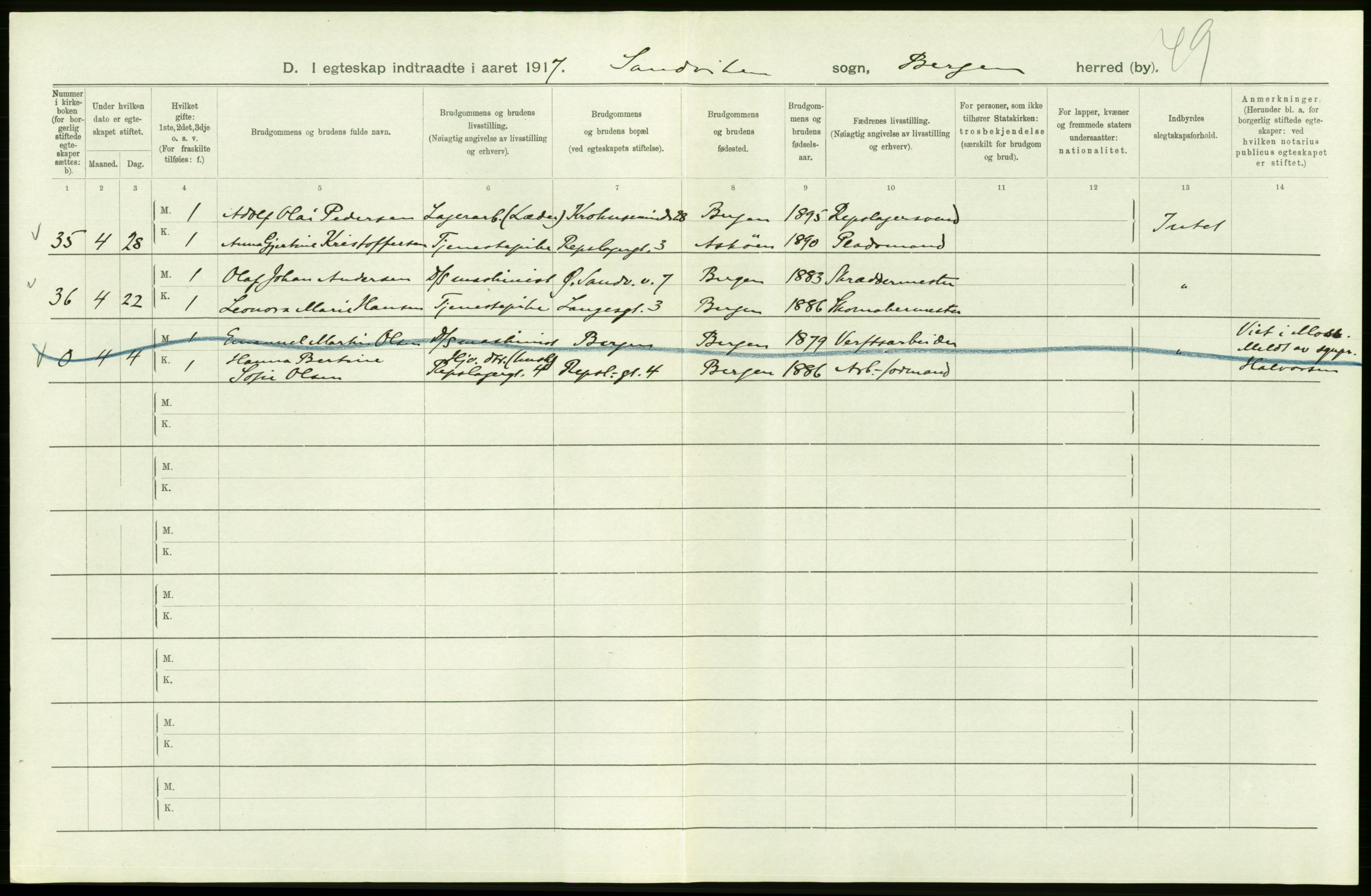 Statistisk sentralbyrå, Sosiodemografiske emner, Befolkning, RA/S-2228/D/Df/Dfb/Dfbg/L0038: Bergen: Gifte, døde, dødfødte., 1917, s. 242