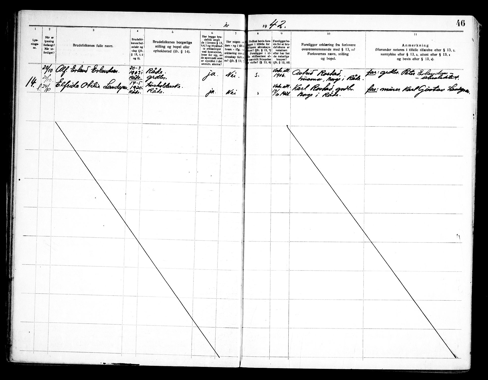 Råde prestekontor kirkebøker, AV/SAO-A-2009/H/Ha/L0001: Lysningsprotokoll nr. 1, 1919-1964, s. 46