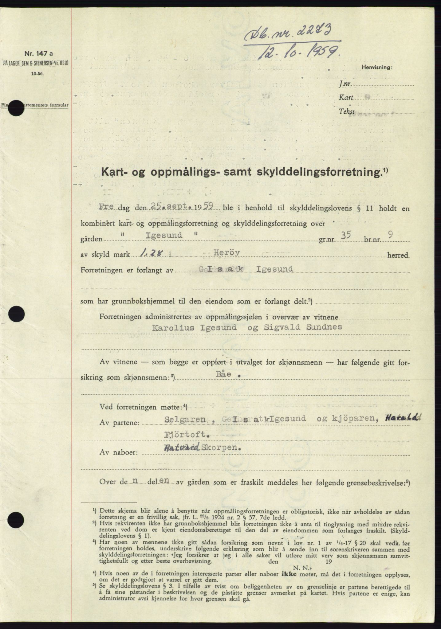 Søre Sunnmøre sorenskriveri, SAT/A-4122/1/2/2C/L0113: Pantebok nr. 39A, 1959-1959, Dagboknr: 2273/1959