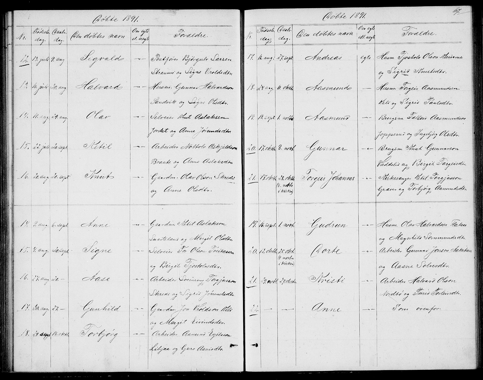 Fyresdal kirkebøker, AV/SAKO-A-263/G/Ga/L0004: Klokkerbok nr. I 4, 1864-1892, s. 67