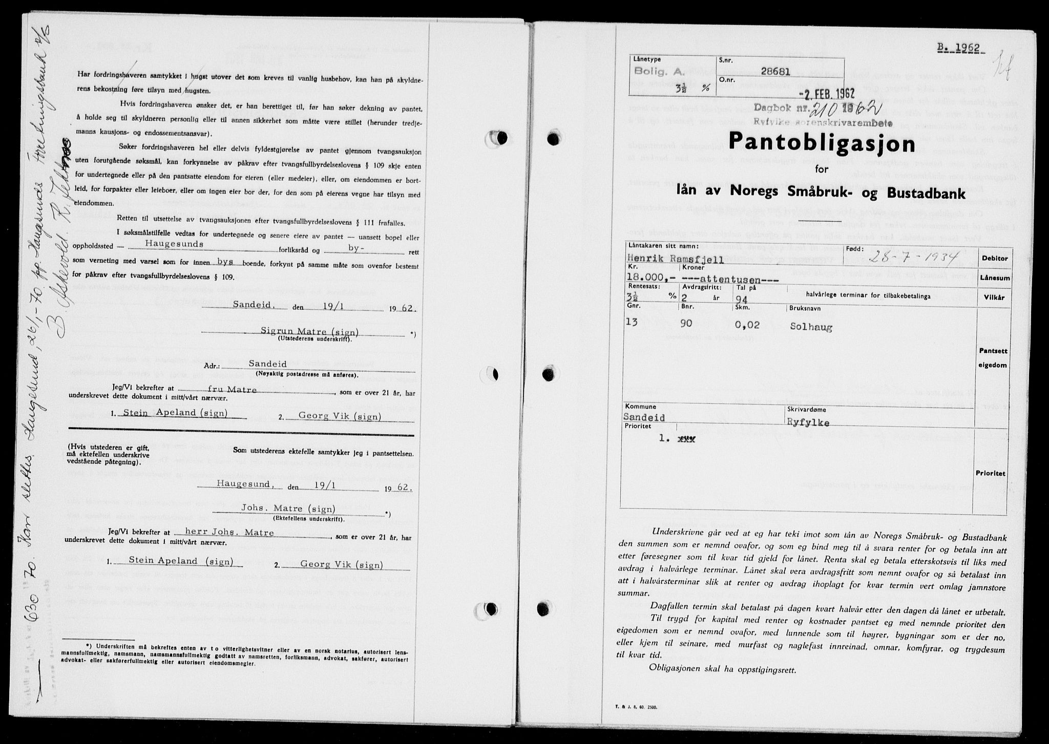 Ryfylke tingrett, SAST/A-100055/001/II/IIB: Pantebok nr. 135-142, 1961-1962, Dagboknr: 210/1962