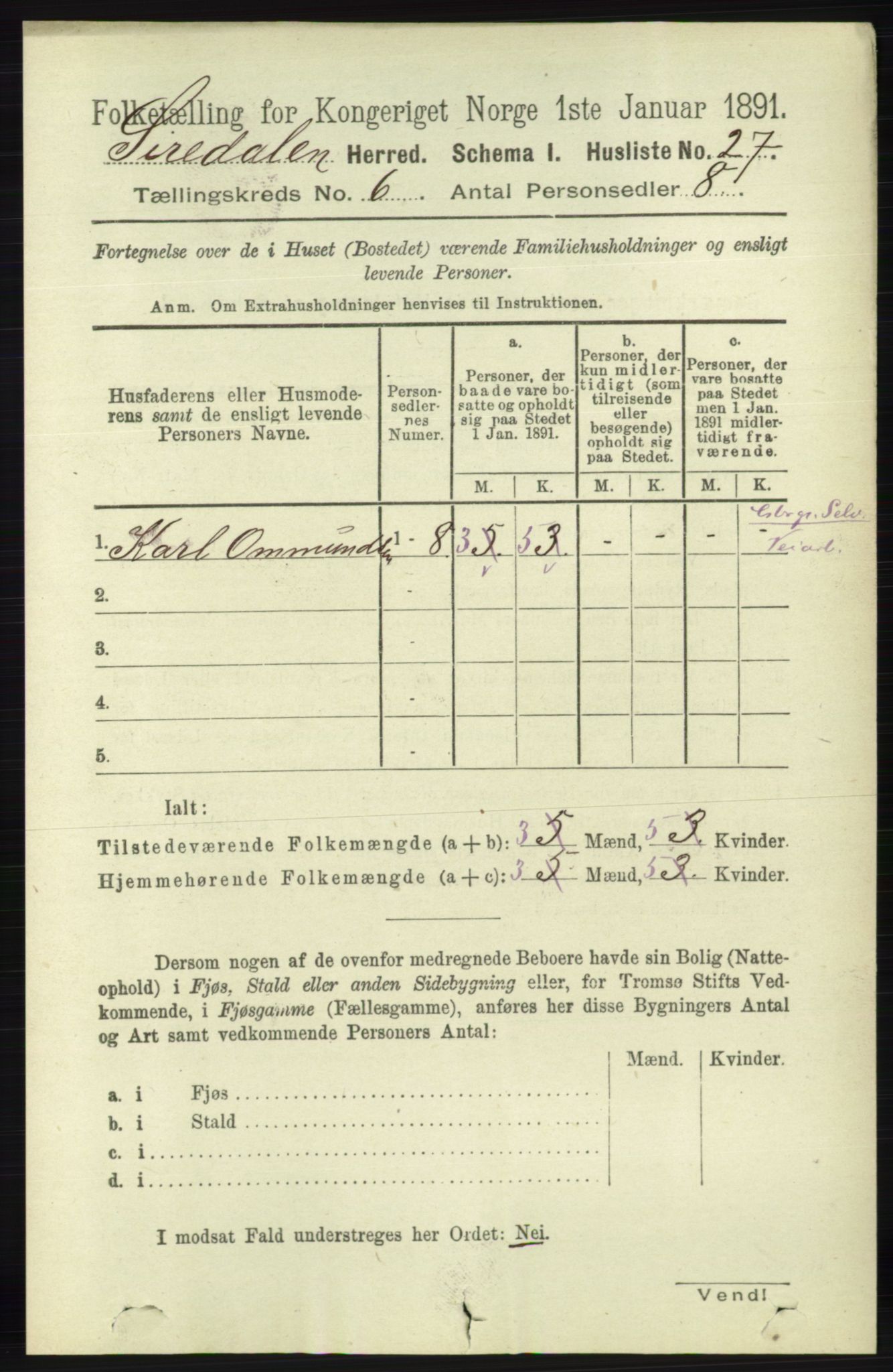 RA, Folketelling 1891 for 1046 Sirdal herred, 1891, s. 1618