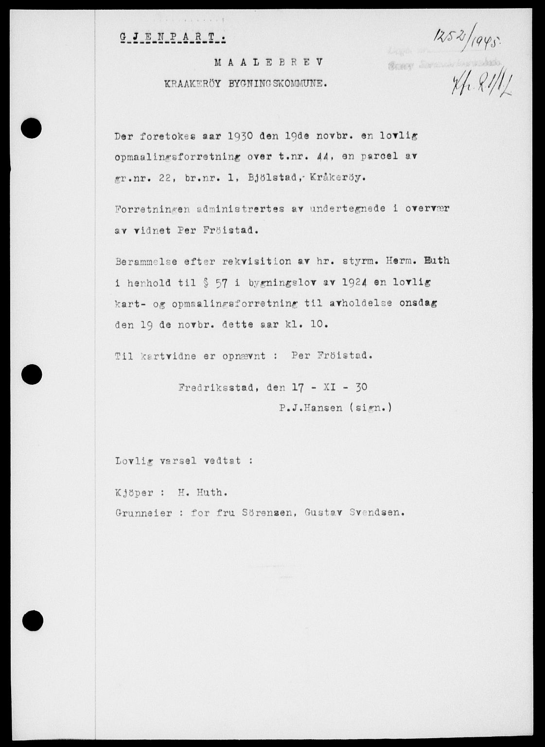 Onsøy sorenskriveri, SAO/A-10474/G/Ga/Gab/L0015: Pantebok nr. II A-15, 1945-1946, Dagboknr: 1252/1945