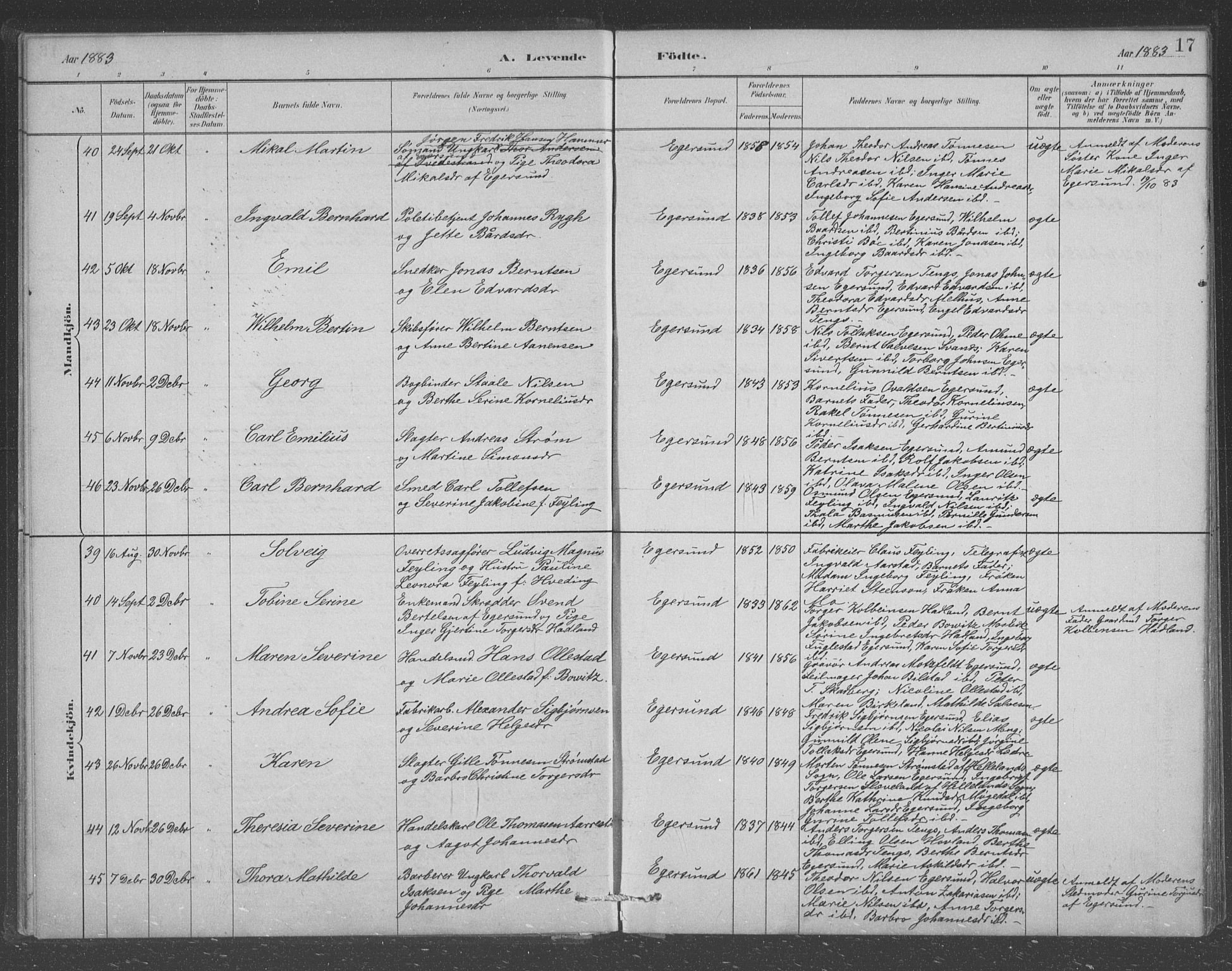 Eigersund sokneprestkontor, AV/SAST-A-101807/S09/L0008: Klokkerbok nr. B 8, 1882-1892, s. 17