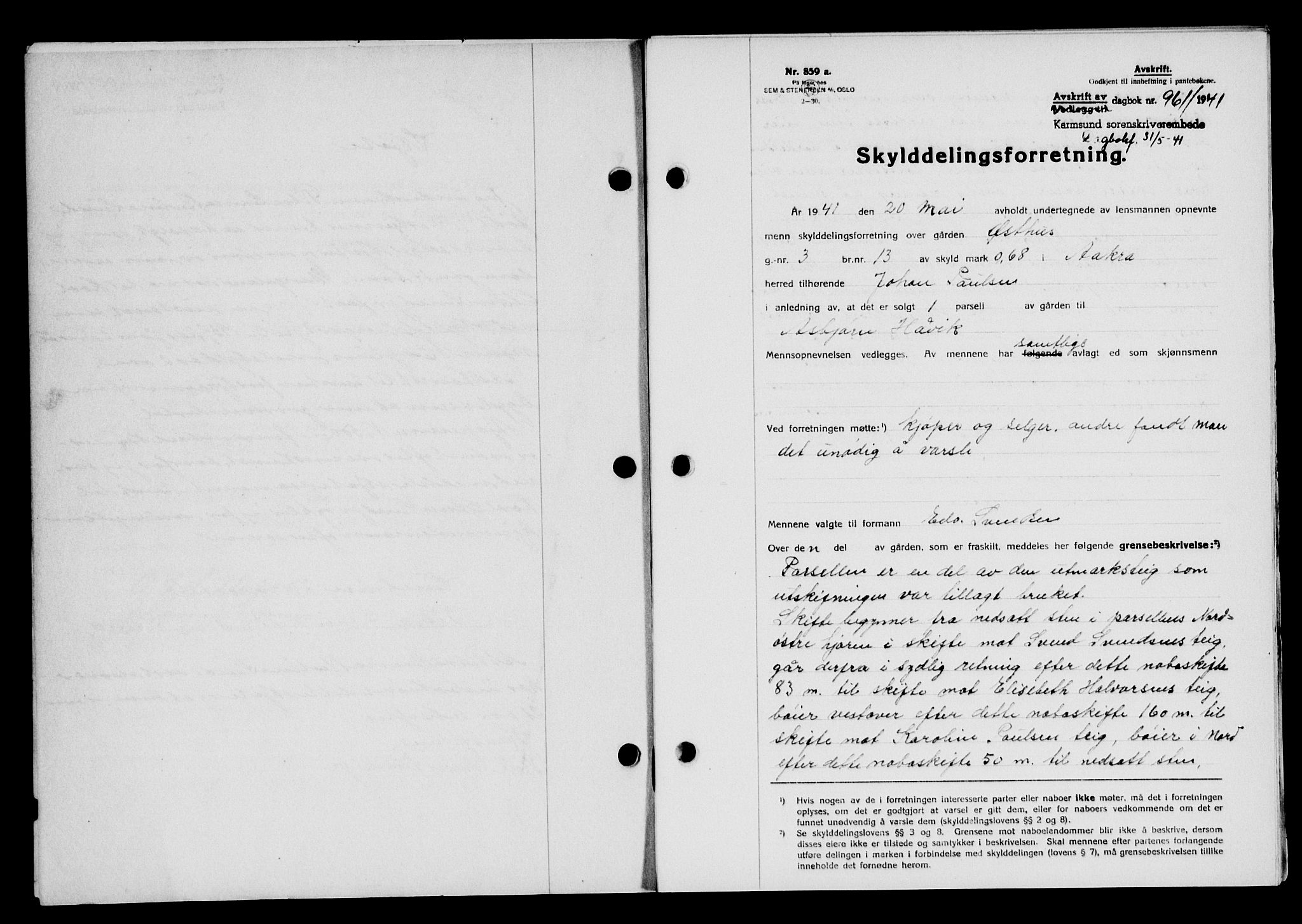 Karmsund sorenskriveri, SAST/A-100311/01/II/IIB/L0075: Pantebok nr. 56A, 1941-1941, Dagboknr: 961/1941
