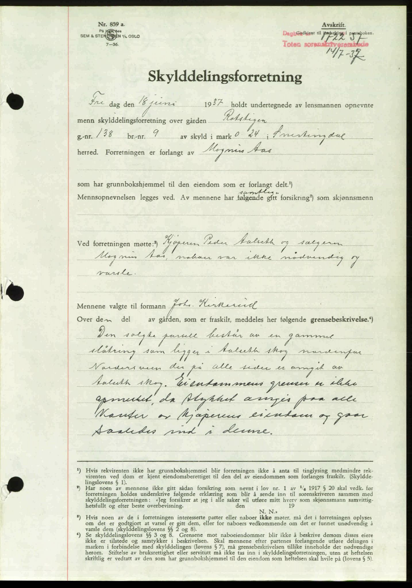 Toten tingrett, SAH/TING-006/H/Hb/Hbc/L0003: Pantebok nr. Hbc-03, 1937-1938, Dagboknr: 1722/1937