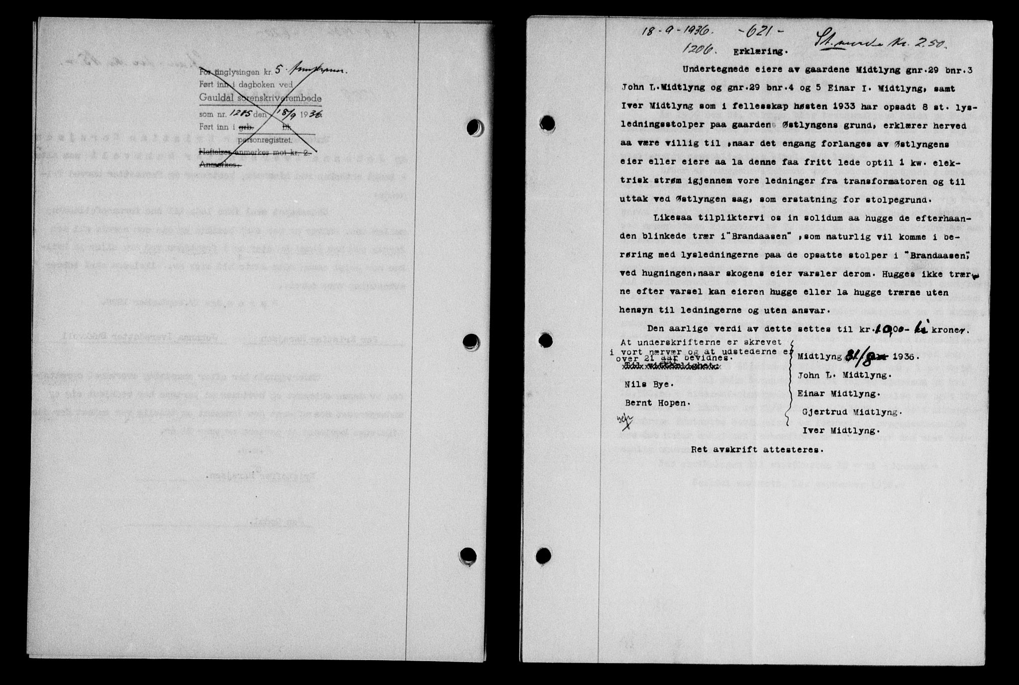 Gauldal sorenskriveri, SAT/A-0014/1/2/2C/L0046: Pantebok nr. 49-50, 1936-1937, Dagboknr: 1206/1936