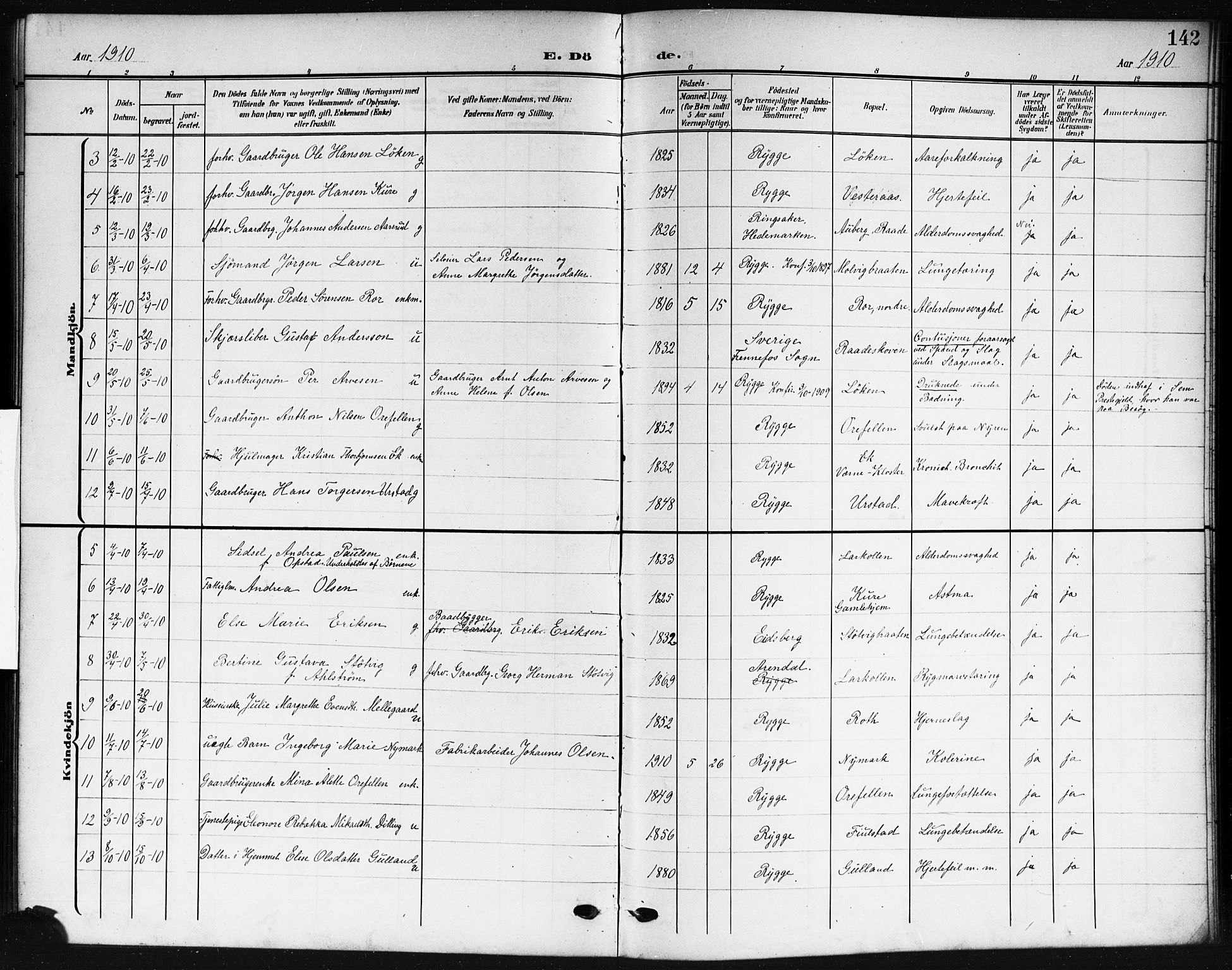 Rygge prestekontor Kirkebøker, AV/SAO-A-10084b/G/Ga/L0003: Klokkerbok nr. 3, 1906-1921, s. 142