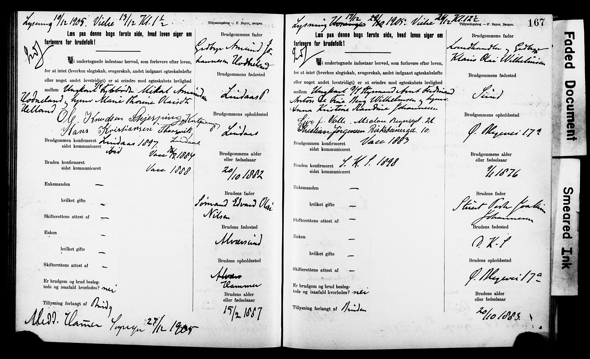 Korskirken sokneprestembete, SAB/A-76101: Forlovererklæringer nr. II.5.8, 1903-1908, s. 167