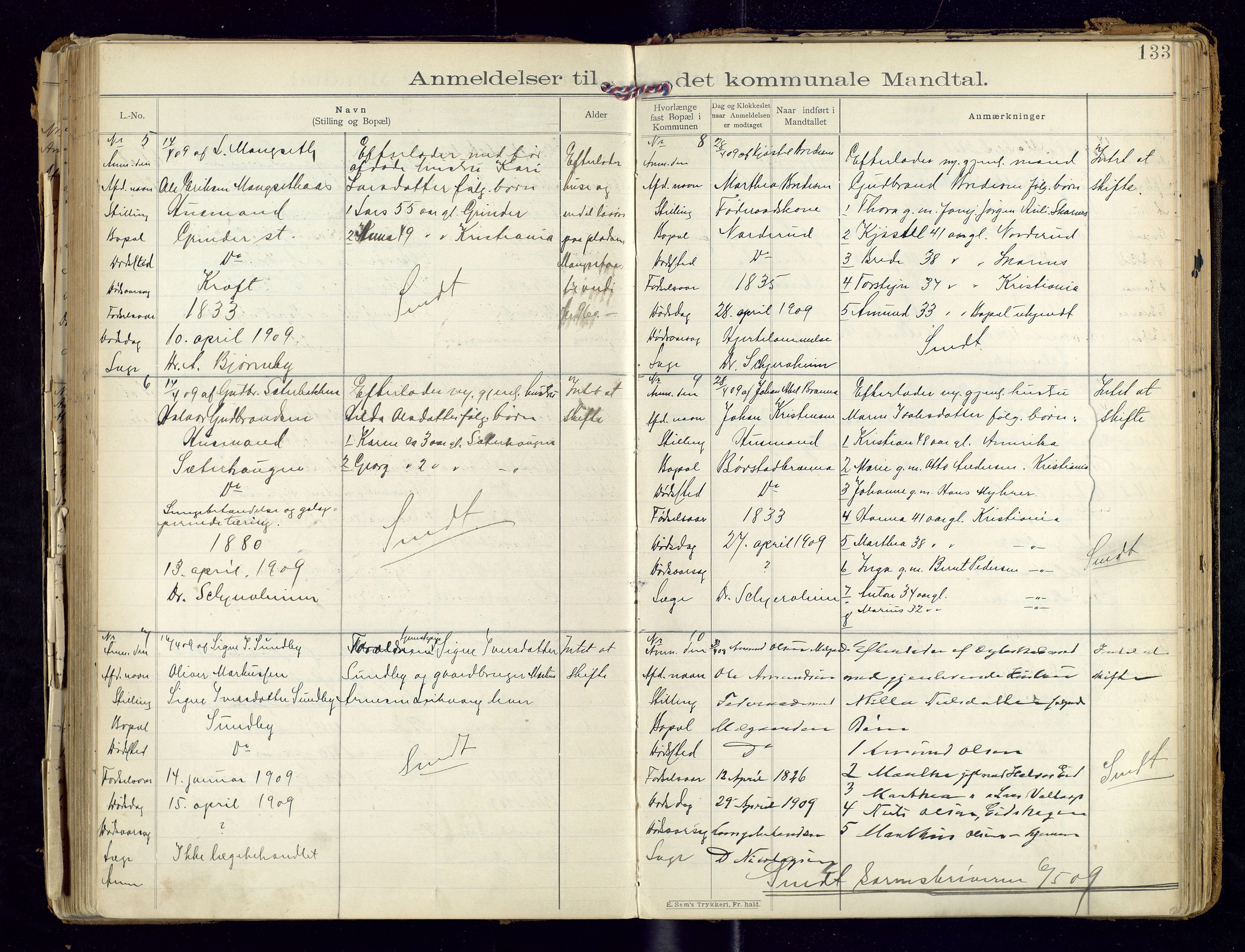 Sør-Odal lensmannskontor, SAH/LHS-022/H/Hb/L0001/0002: Protokoller over anmeldte dødsfall / Protokoll over anmeldte dødsfall, 1901-1913, s. 133
