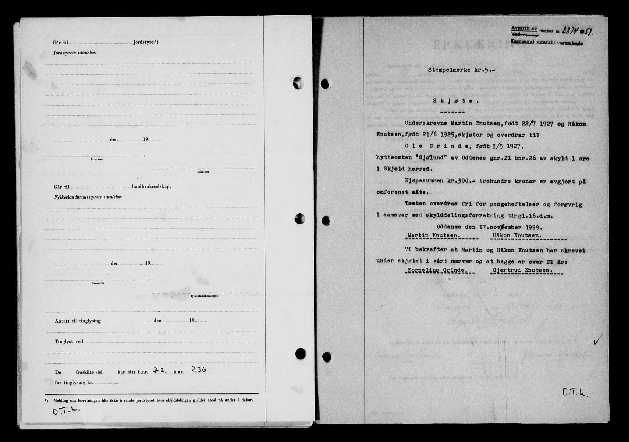 Karmsund sorenskriveri, SAST/A-100311/01/II/IIB/L0132: Pantebok nr. 112A, 1959-1959, Dagboknr: 2874/1959