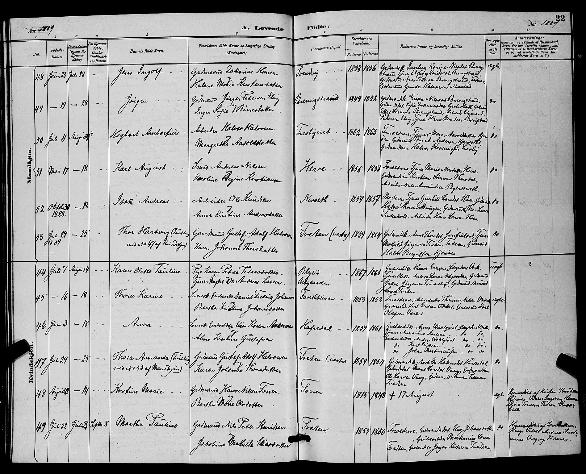 Bamble kirkebøker, AV/SAKO-A-253/G/Ga/L0009: Klokkerbok nr. I 9, 1888-1900, s. 22