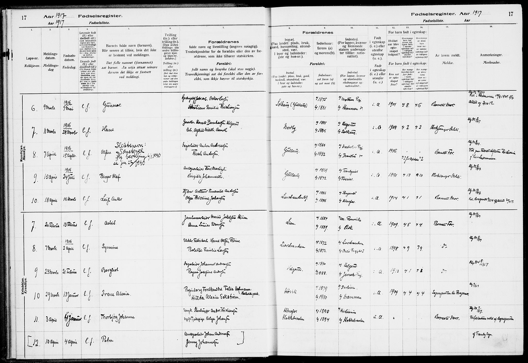 Lier kirkebøker, SAKO/A-230/J/Ja/L0001: Fødselsregister nr. 1, 1916-1928, s. 17