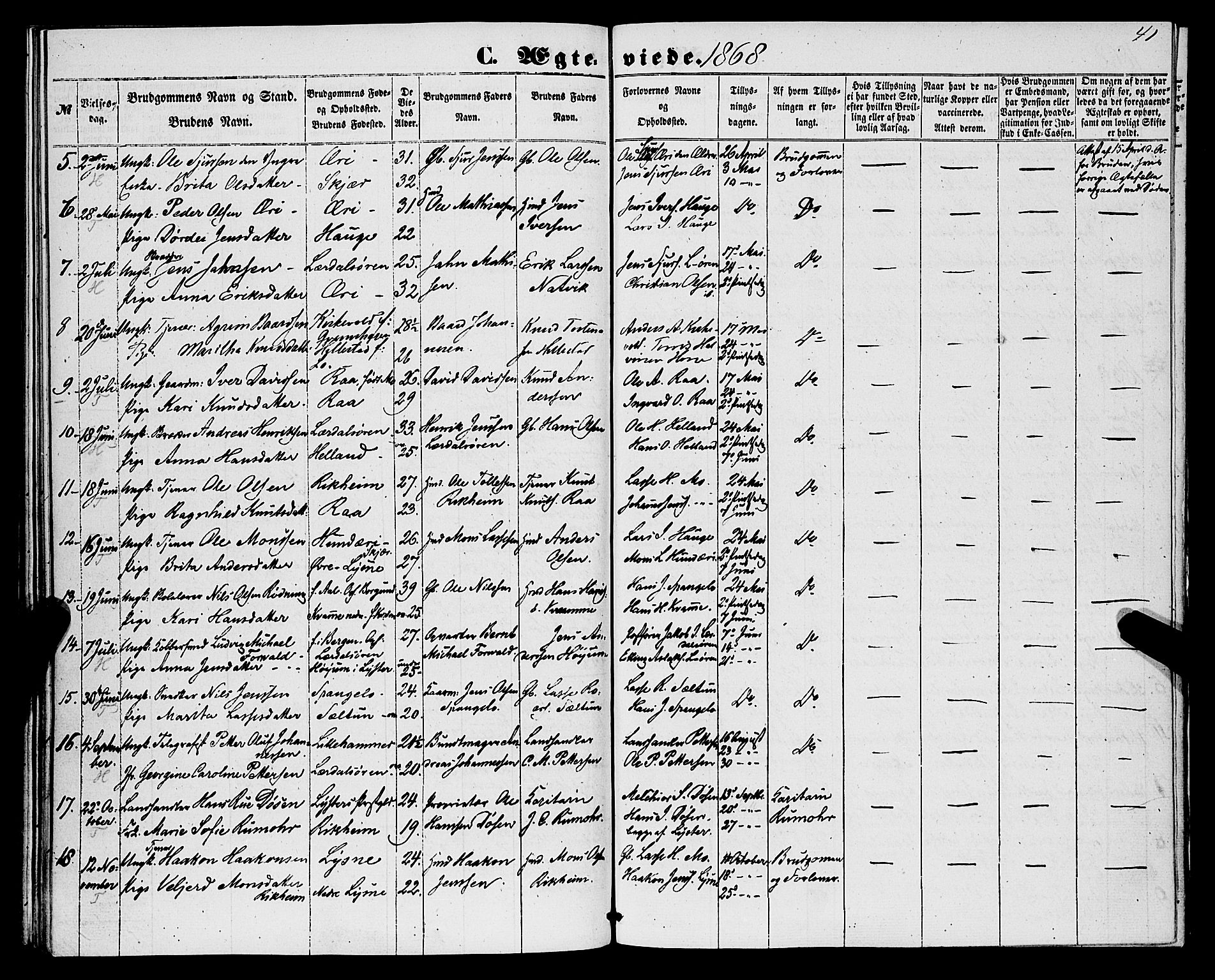 Lærdal sokneprestembete, AV/SAB-A-81201: Ministerialbok nr. A 15, 1853-1877, s. 41