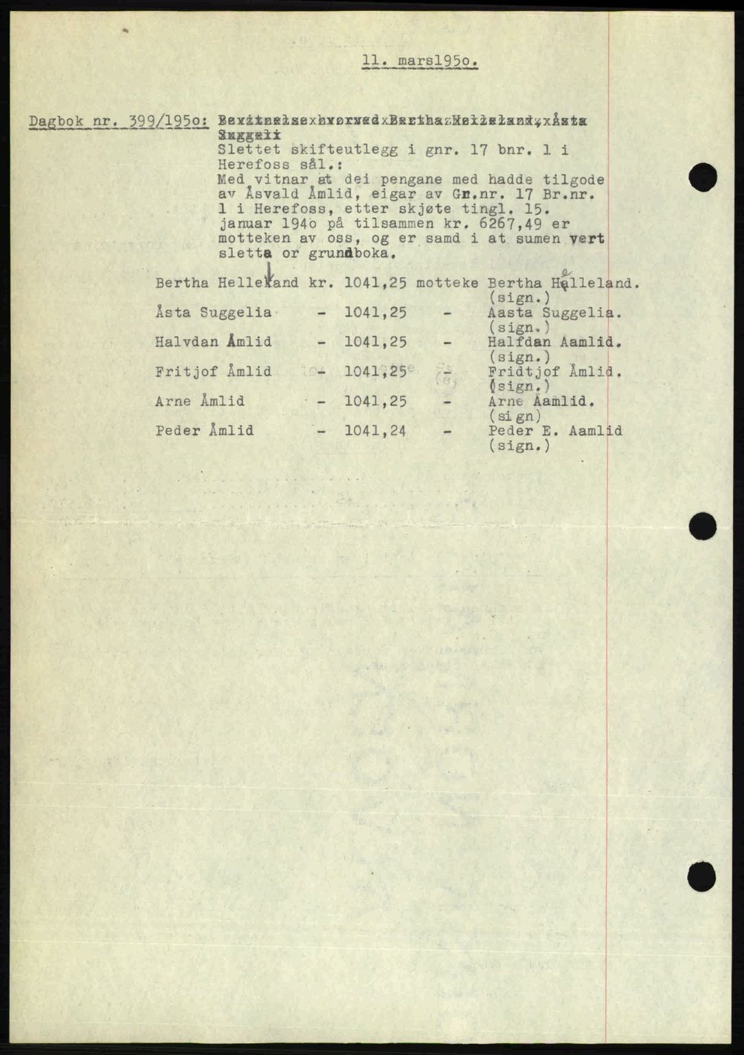 Nedenes sorenskriveri, SAK/1221-0006/G/Gb/Gba/L0062: Pantebok nr. A14, 1949-1950, Dagboknr: 399/1950