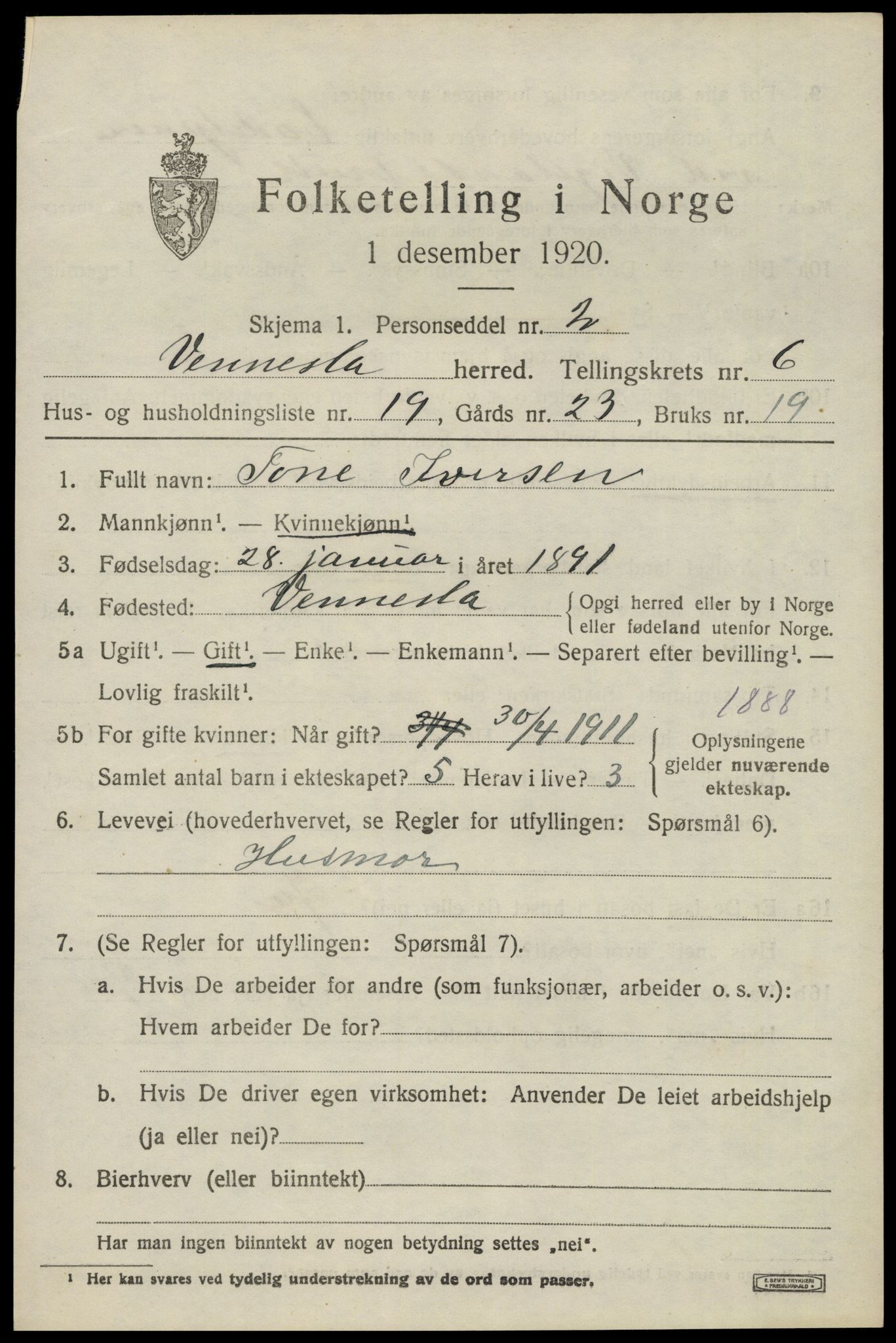 SAK, Folketelling 1920 for 1014 Vennesla herred, 1920, s. 4536