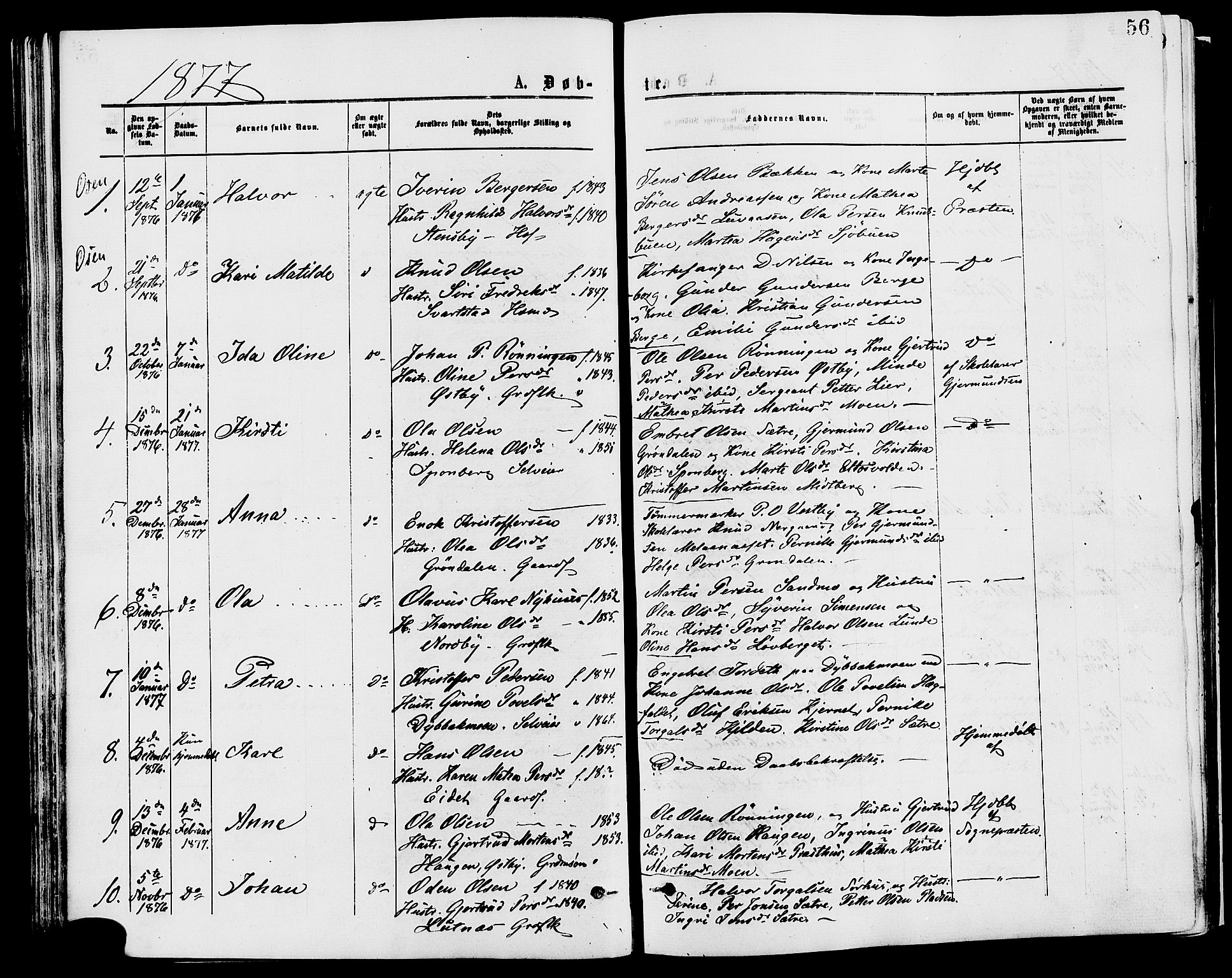 Trysil prestekontor, SAH/PREST-046/H/Ha/Haa/L0007: Ministerialbok nr. 7, 1874-1880, s. 56