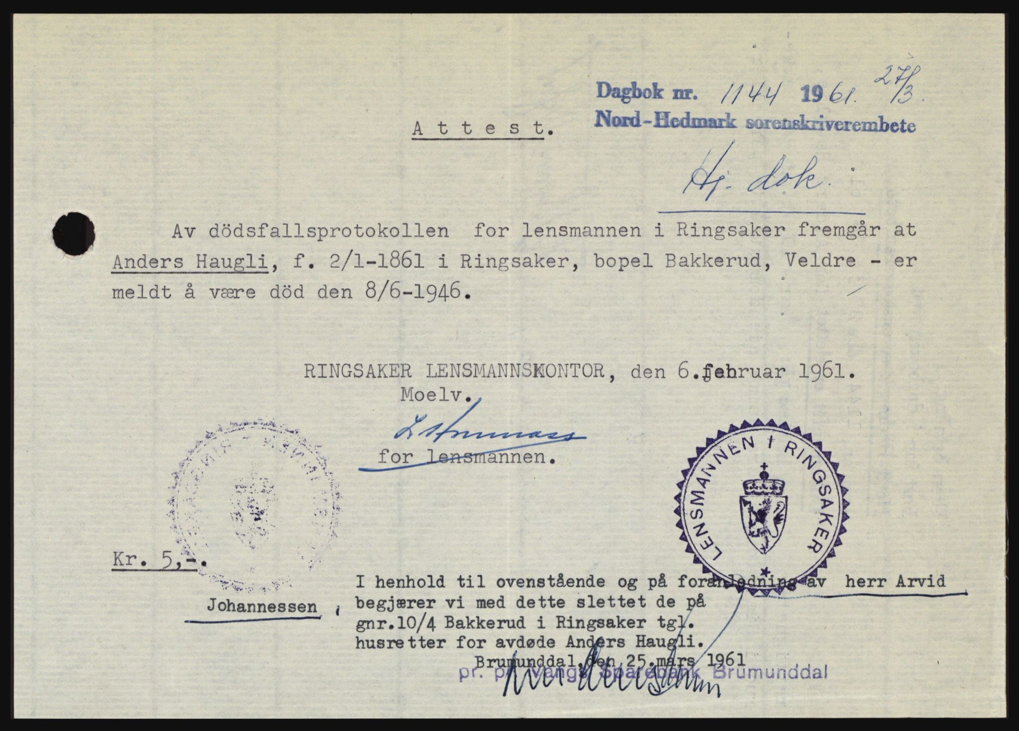 Nord-Hedmark sorenskriveri, SAH/TING-012/H/Hc/L0015: Pantebok nr. 15, 1961-1961, Dagboknr: 1144/1961