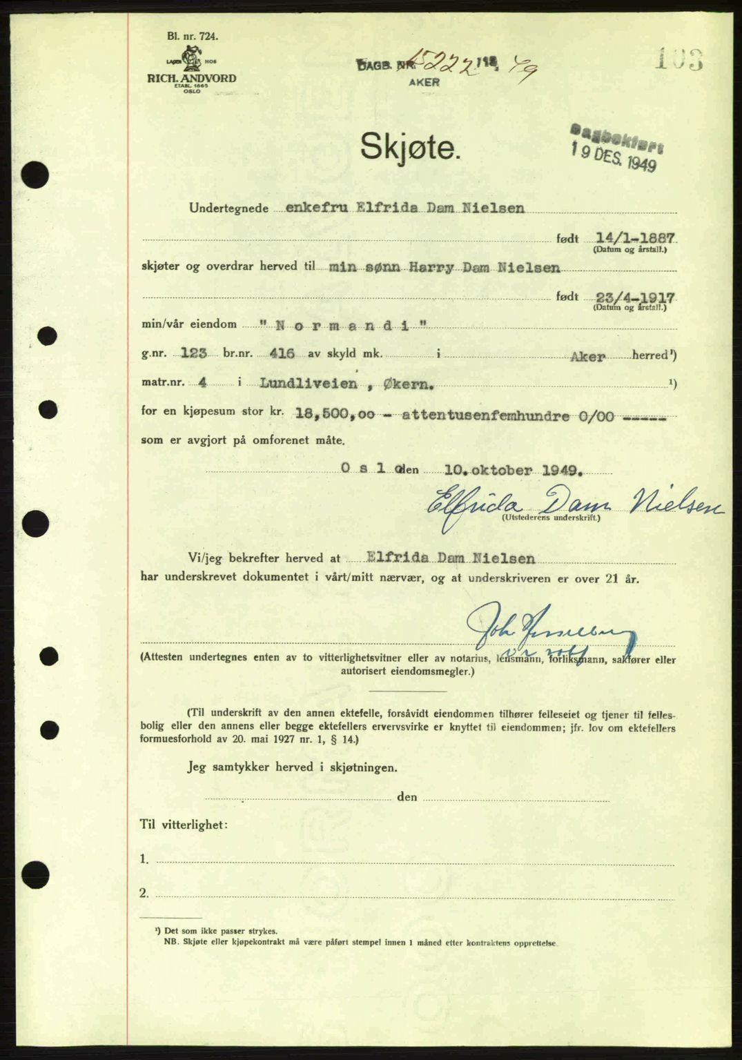 Oslo byskriverembete, AV/SAO-A-10227/G/Gb/Gbd/Gbda/L0017: Pantebok nr. A215, 1949-1950, Dagboknr: 15222/1949