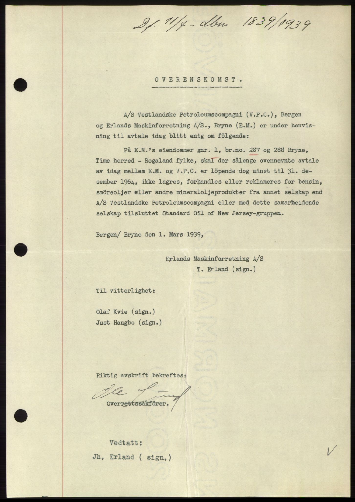 Jæren sorenskriveri, SAST/A-100310/03/G/Gba/L0074: Pantebok, 1939-1939, Dagboknr: 1839/1939