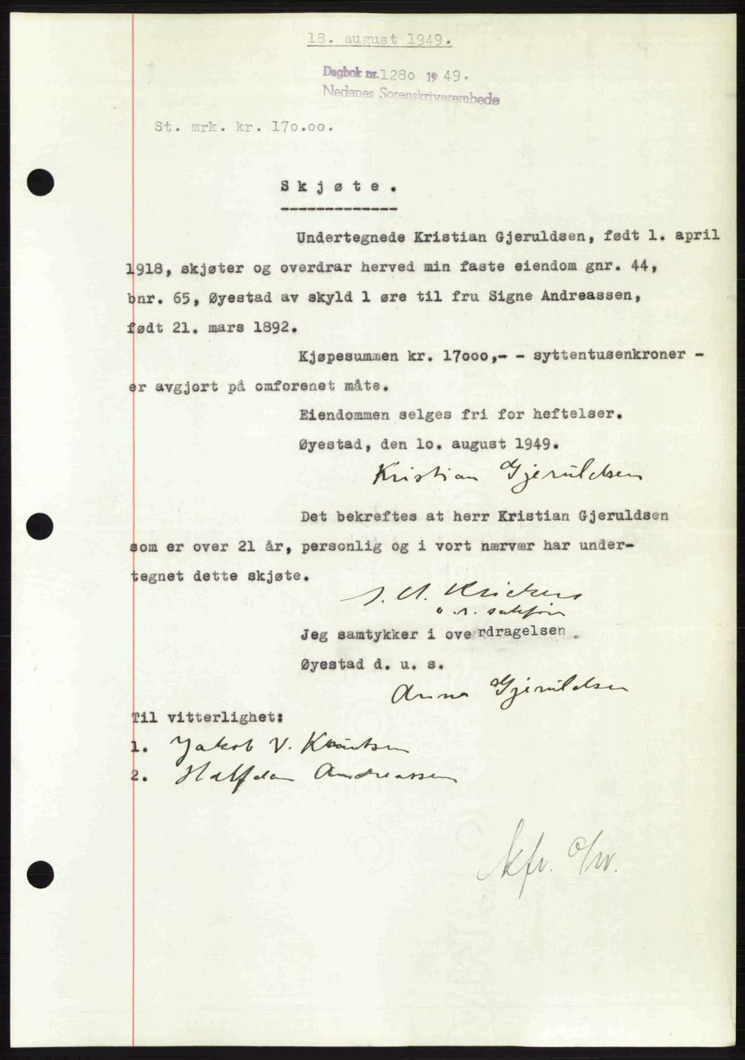 Nedenes sorenskriveri, AV/SAK-1221-0006/G/Gb/Gba/L0061: Pantebok nr. A13, 1949-1949, Dagboknr: 1280/1949