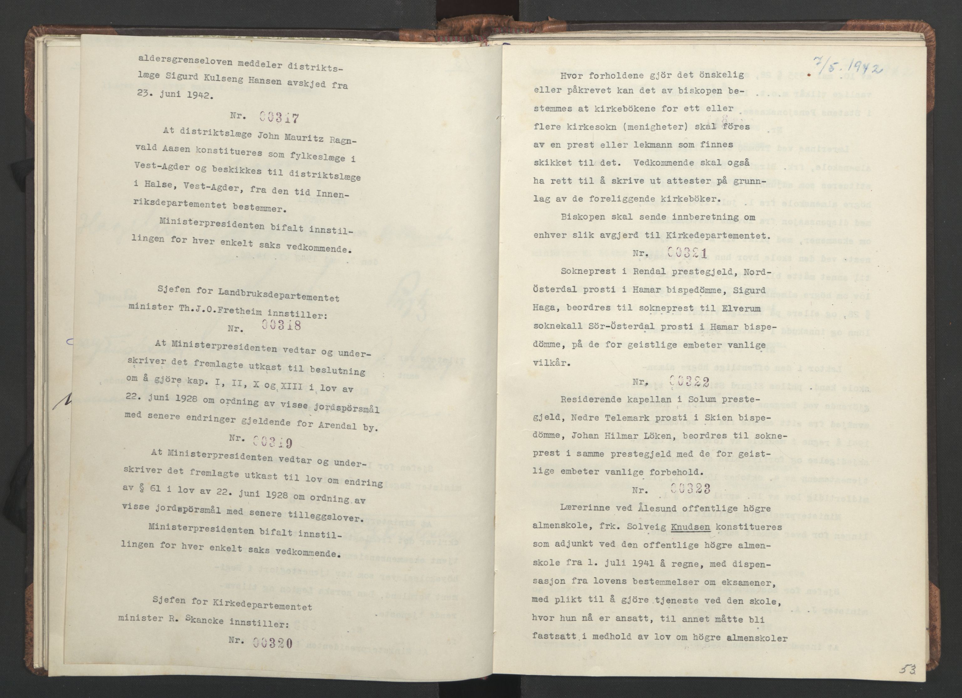 NS-administrasjonen 1940-1945 (Statsrådsekretariatet, de kommisariske statsråder mm), AV/RA-S-4279/D/Da/L0001: Beslutninger og tillegg (1-952 og 1-32), 1942, s. 56
