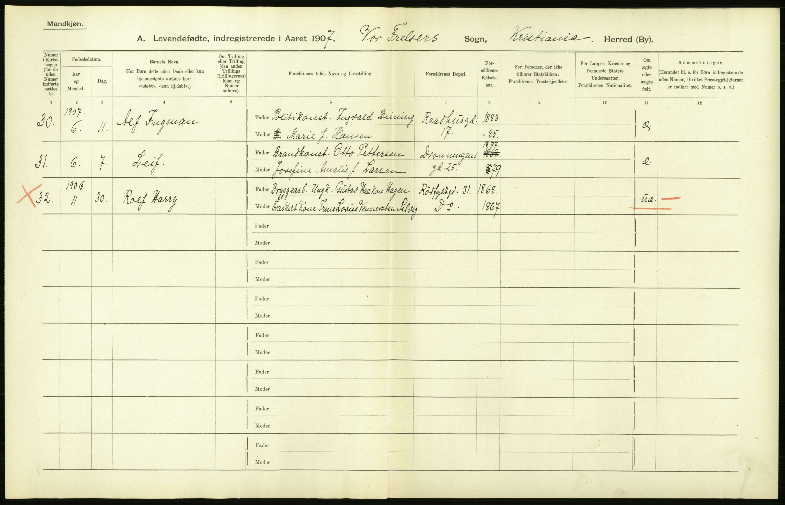 Statistisk sentralbyrå, Sosiodemografiske emner, Befolkning, AV/RA-S-2228/D/Df/Dfa/Dfae/L0006: Kristiania: Levendefødte menn og kvinner., 1907, s. 10