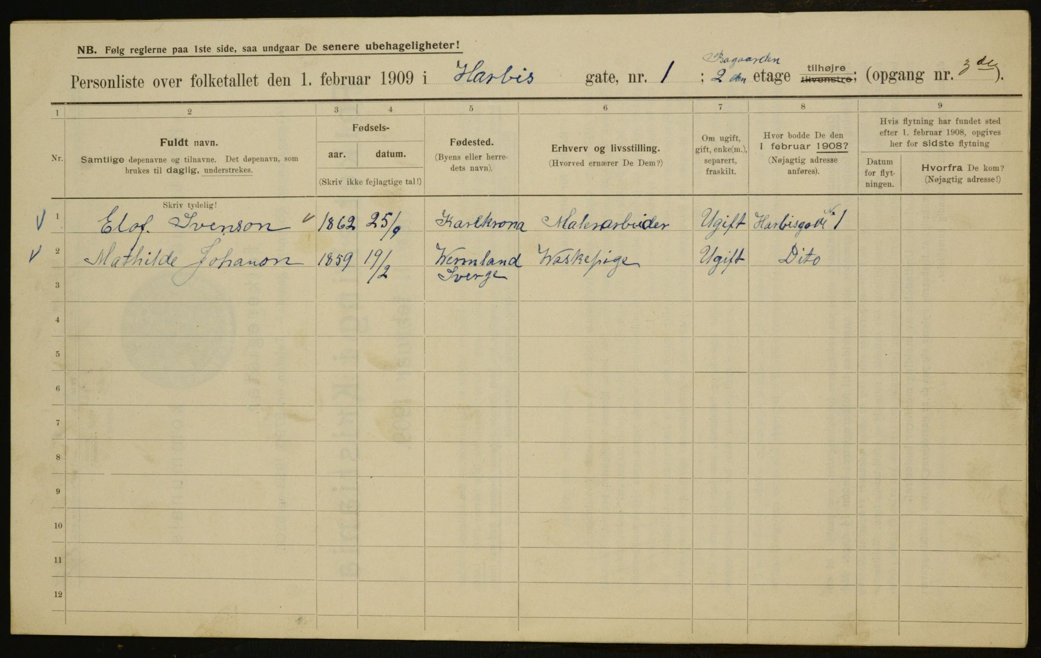 OBA, Kommunal folketelling 1.2.1909 for Kristiania kjøpstad, 1909, s. 73301