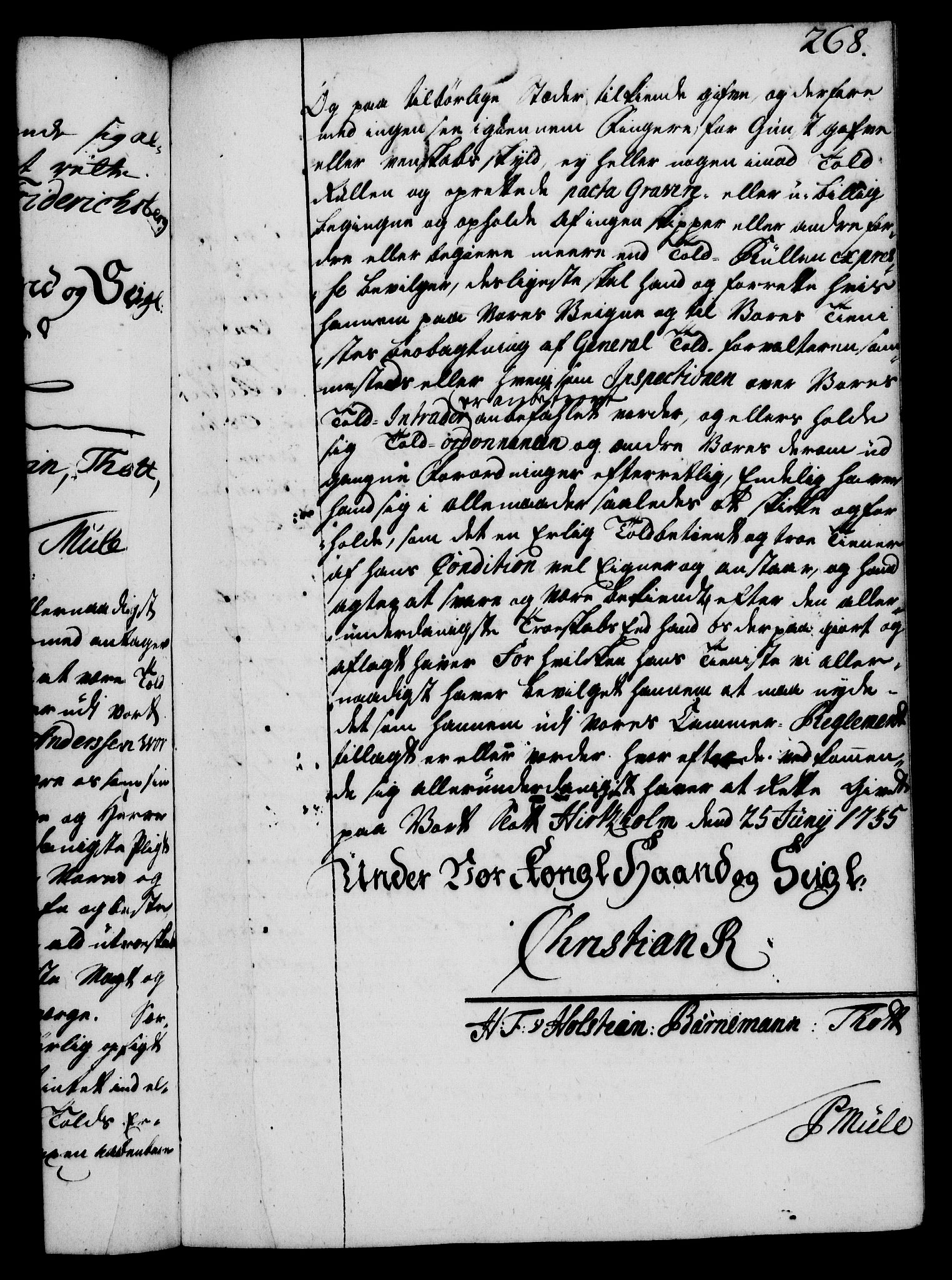 Rentekammeret, Kammerkanselliet, RA/EA-3111/G/Gg/Gge/L0002: Norsk bestallingsprotokoll med register (merket RK 53.26), 1730-1744, s. 268