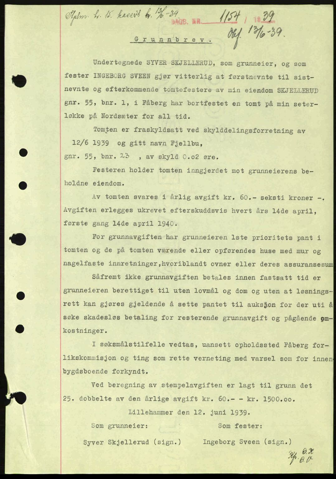 Sør-Gudbrandsdal tingrett, SAH/TING-004/H/Hb/Hbd/L0006: Pantebok nr. A6, 1939-1939, Dagboknr: 1154/1939