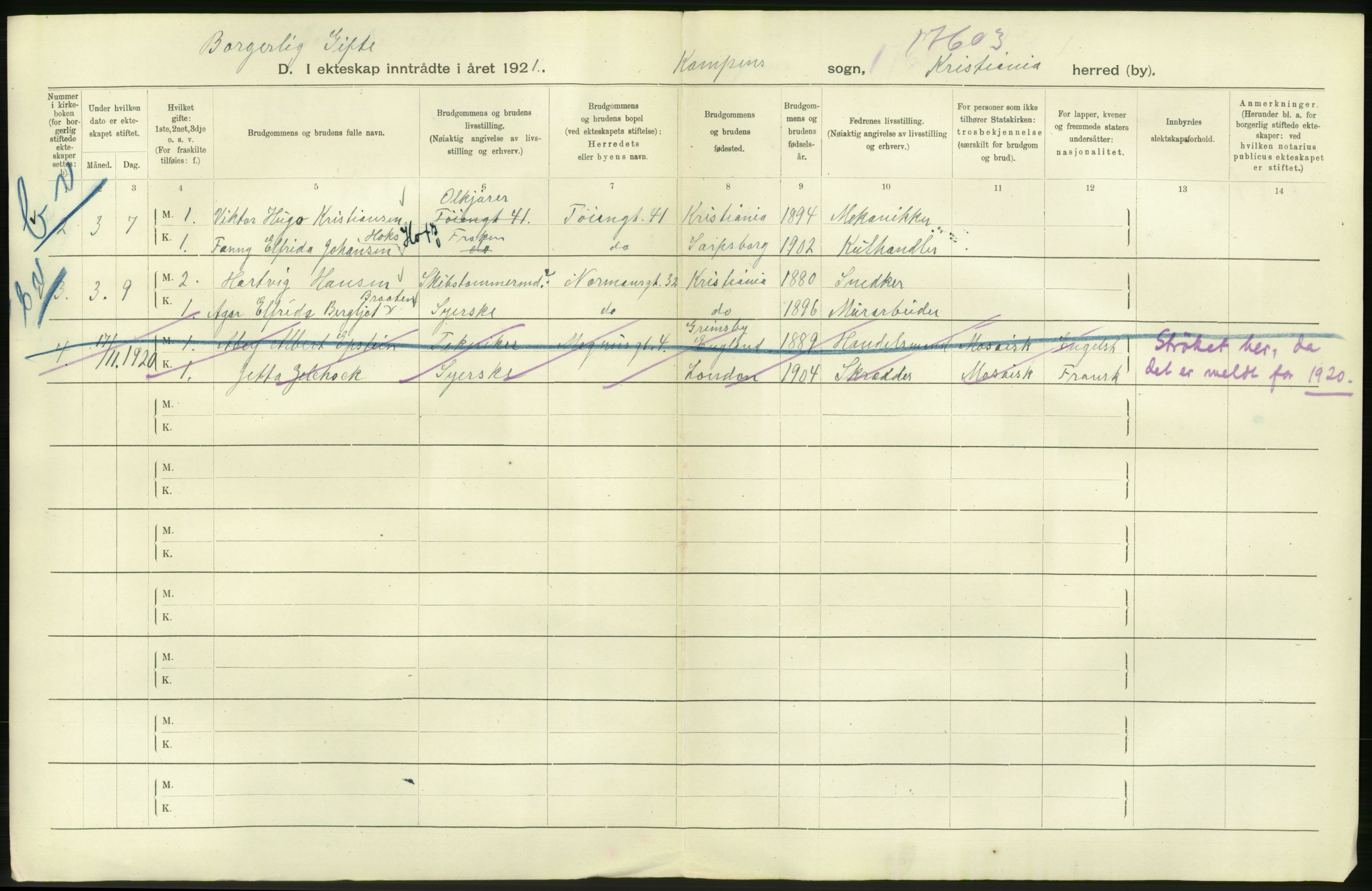 Statistisk sentralbyrå, Sosiodemografiske emner, Befolkning, AV/RA-S-2228/D/Df/Dfc/Dfca/L0011: Kristiania: Gifte, 1921, s. 796