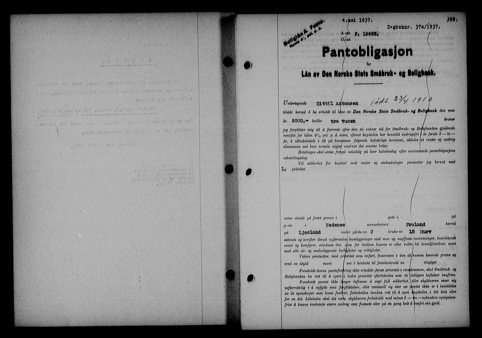 Nedenes sorenskriveri, SAK/1221-0006/G/Gb/Gba/L0043: Pantebok nr. 39, 1936-1937, Dagboknr: 370/1937