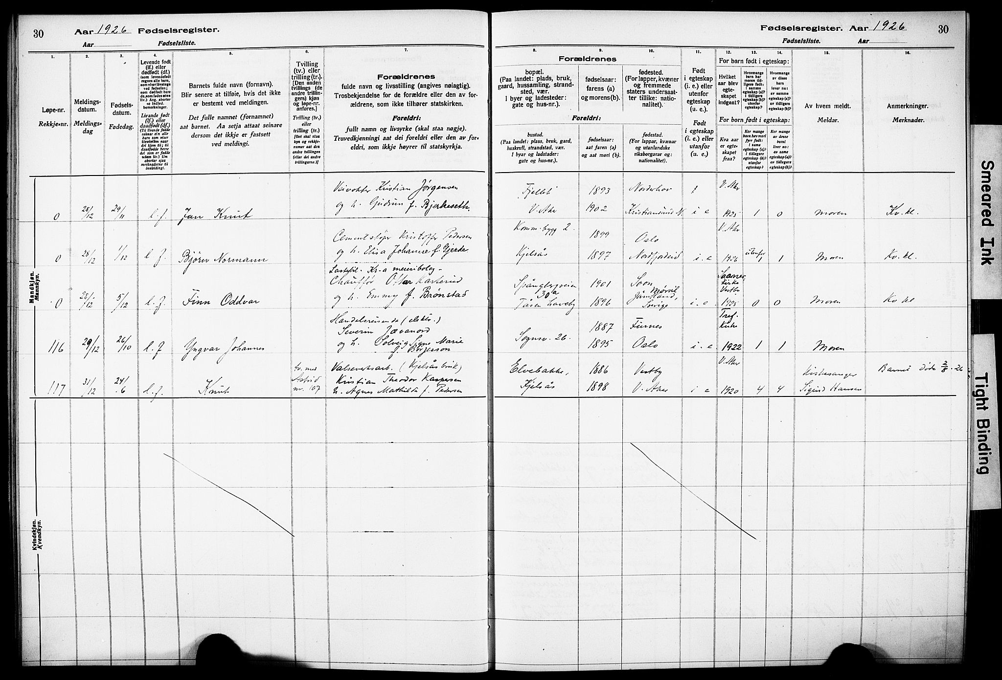 Vestre Aker prestekontor Kirkebøker, AV/SAO-A-10025/J/Ja/L0003: Fødselsregister nr. 3, 1926-1930, s. 30