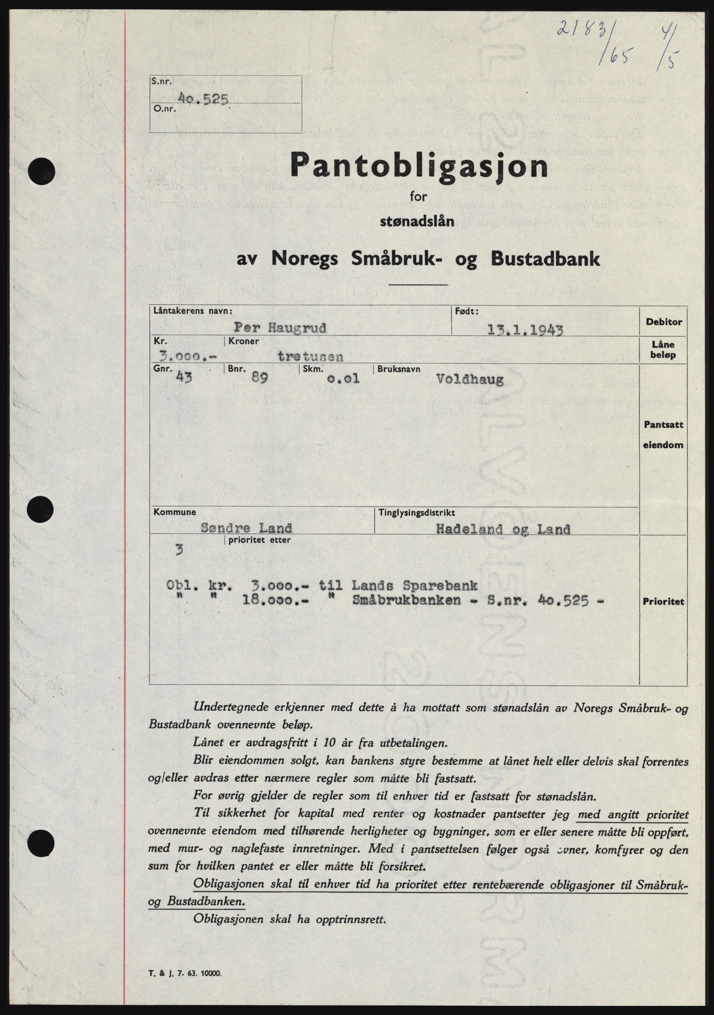 Hadeland og Land tingrett, SAH/TING-010/H/Hb/Hbc/L0058: Pantebok nr. B58, 1965-1965, Dagboknr: 2183/1965